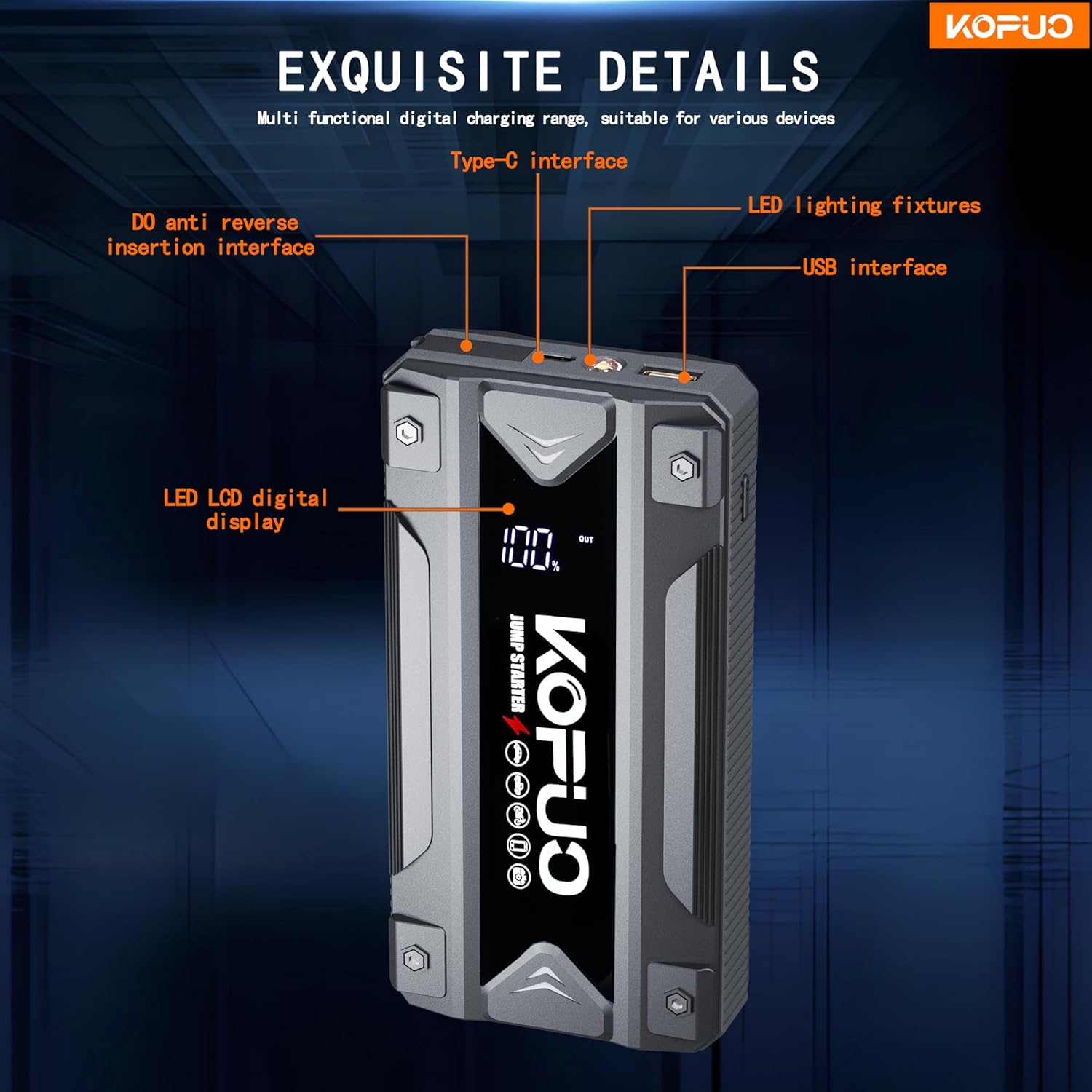 Portable Car Battery Jump Starter 5000A Jump (2.25gal Gas/1.85gal Diesel) 12V Car Jump Starter Battery Pack, Fast Charge, 160W DC, 3-Mode Lights, Comes with A Storage Case for Easy Storage.