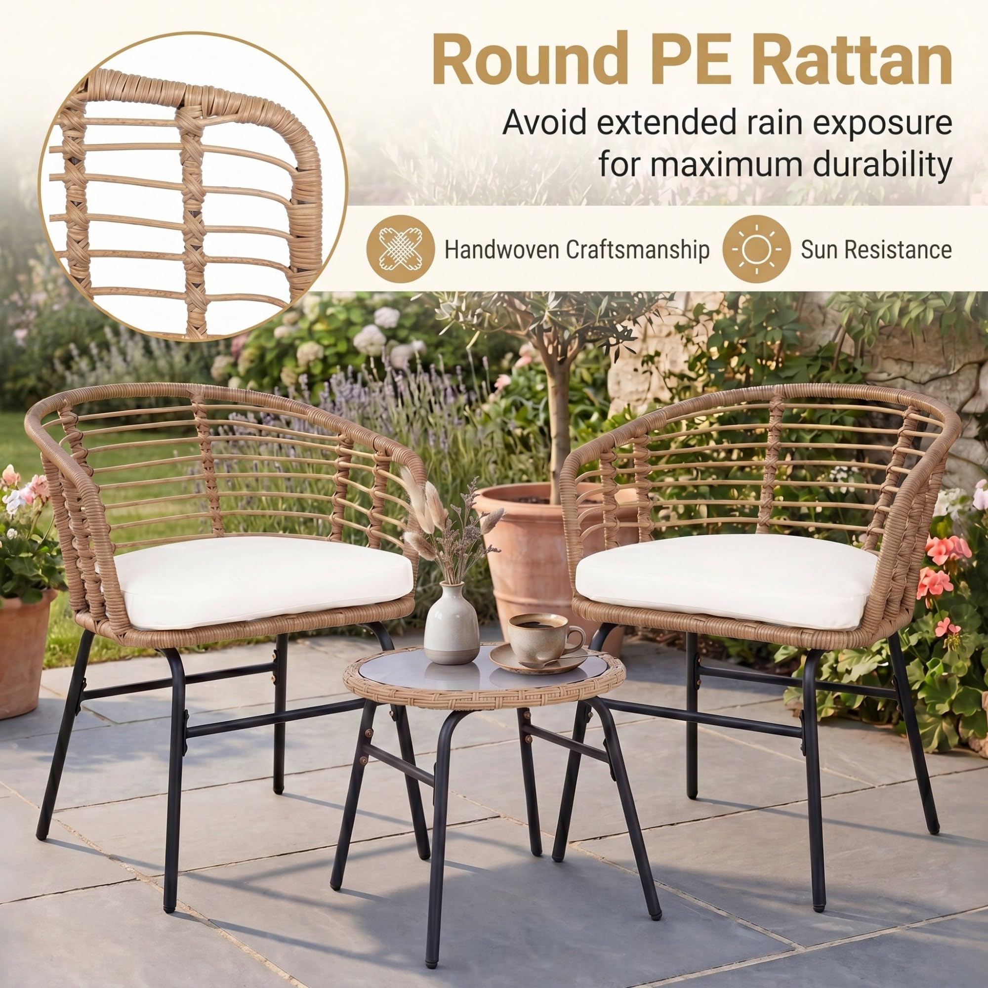 LIFEZEAL Ensemble de Jardin 3 Pièces pour 2 Personnes, Mobilier Extérieur Balcon avec 2 Chaises et 1 Table d’Appoint, 57 x 59 x 73 cm