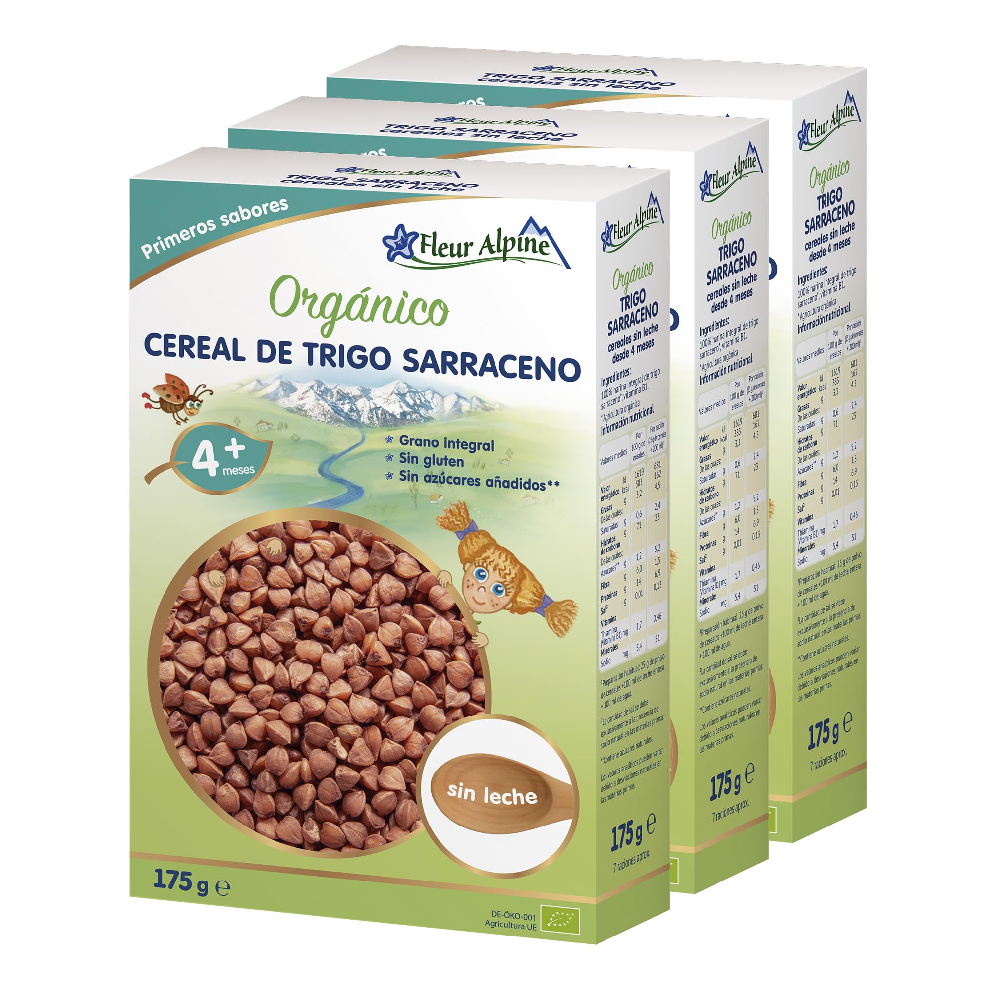 FLEUR ALPINE Alimentos para Bebés | Paquete x3 Cereales Orgánicos de Trigo Sarraceno - Gachas para Desayunos | Gachas Nutritivas Instantáneas Sin Gluten 4+ Meses Sin Azúcares Añadidos | 3x7 Porciones