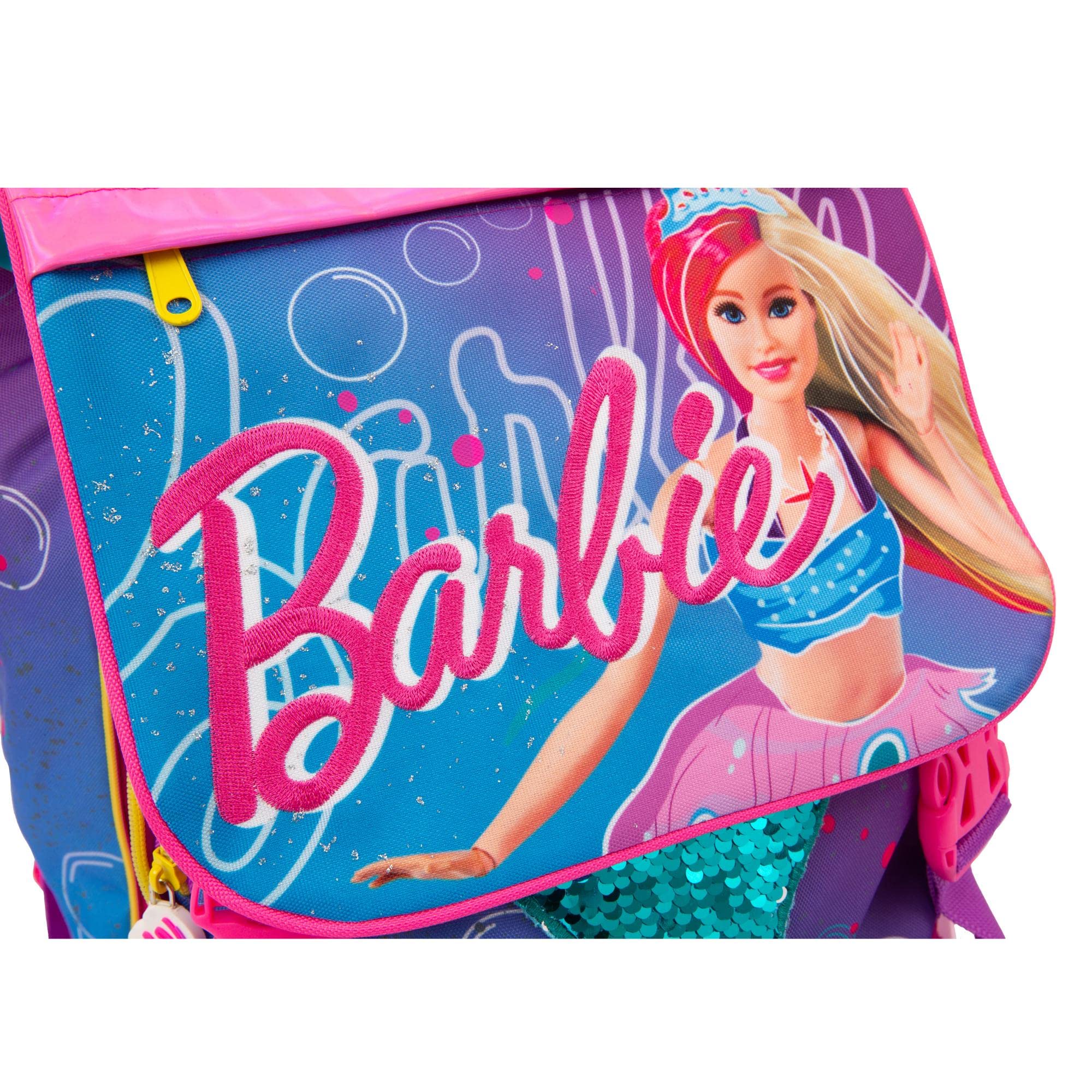 Giochi Preziosi - Zaino Estensibile Barbie c/Ganci, Pop-up Coda Sirena, 2 Scomparti e Tasca Frontale, Schienale e Spallacci Imbottiti, per la Scuola primaria, 31 l x43 h x17,5 p cm, capacità 23,5 l