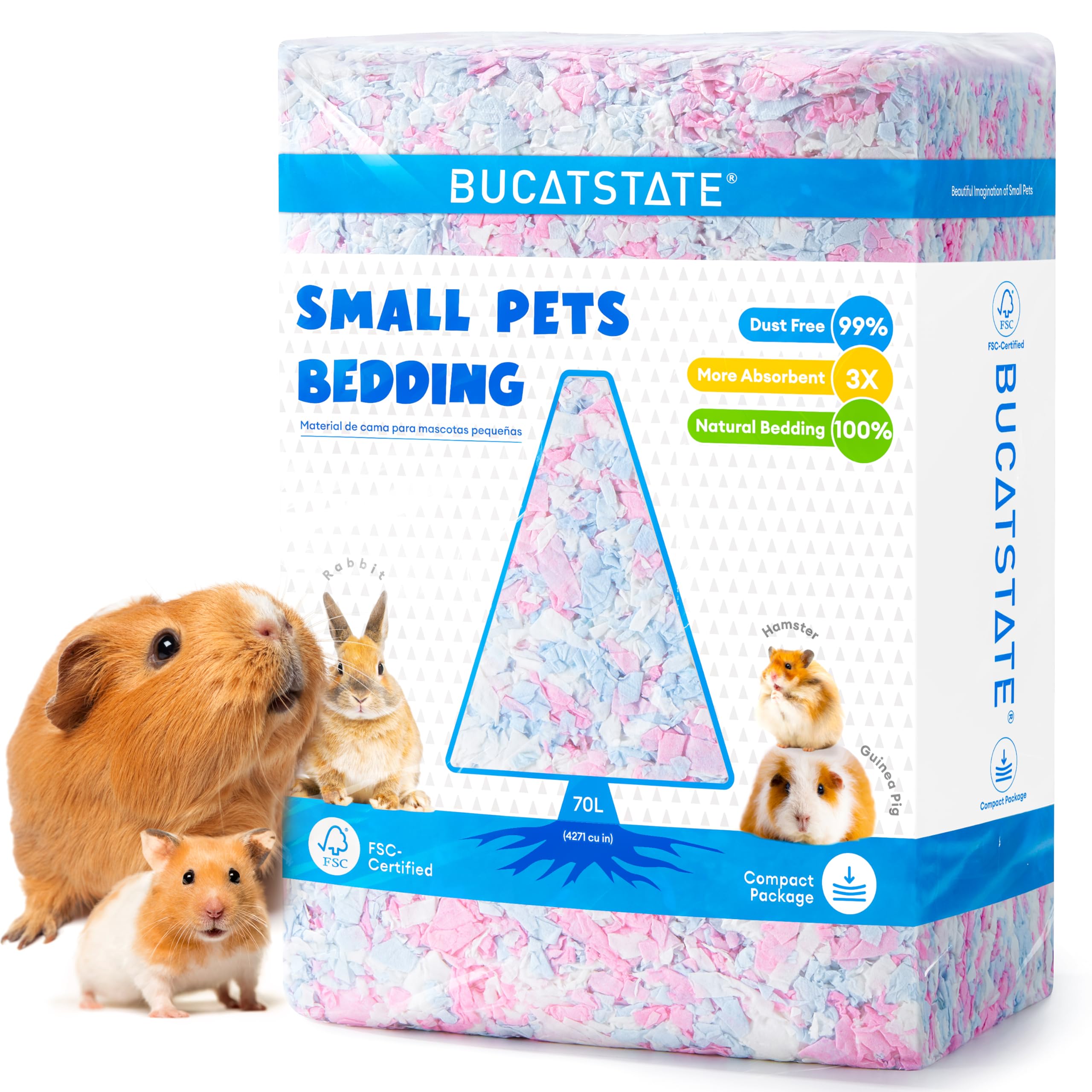 BUCATSTATE Lettiera per criceti, 70 l, di carta per piccoli animali, particolarmente assorbente e al 99,9% senza polvere, per porcellini d'India, conigli, animali domestici, topi, gerbilli, roditori