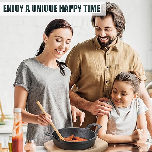 Miniatura 6 de Sliner 4 juegos de mini sartén de hierro fundido, mini platos chisporroteadores con base de madera, sartén pequeña redonda de hierro fundido Fajita,