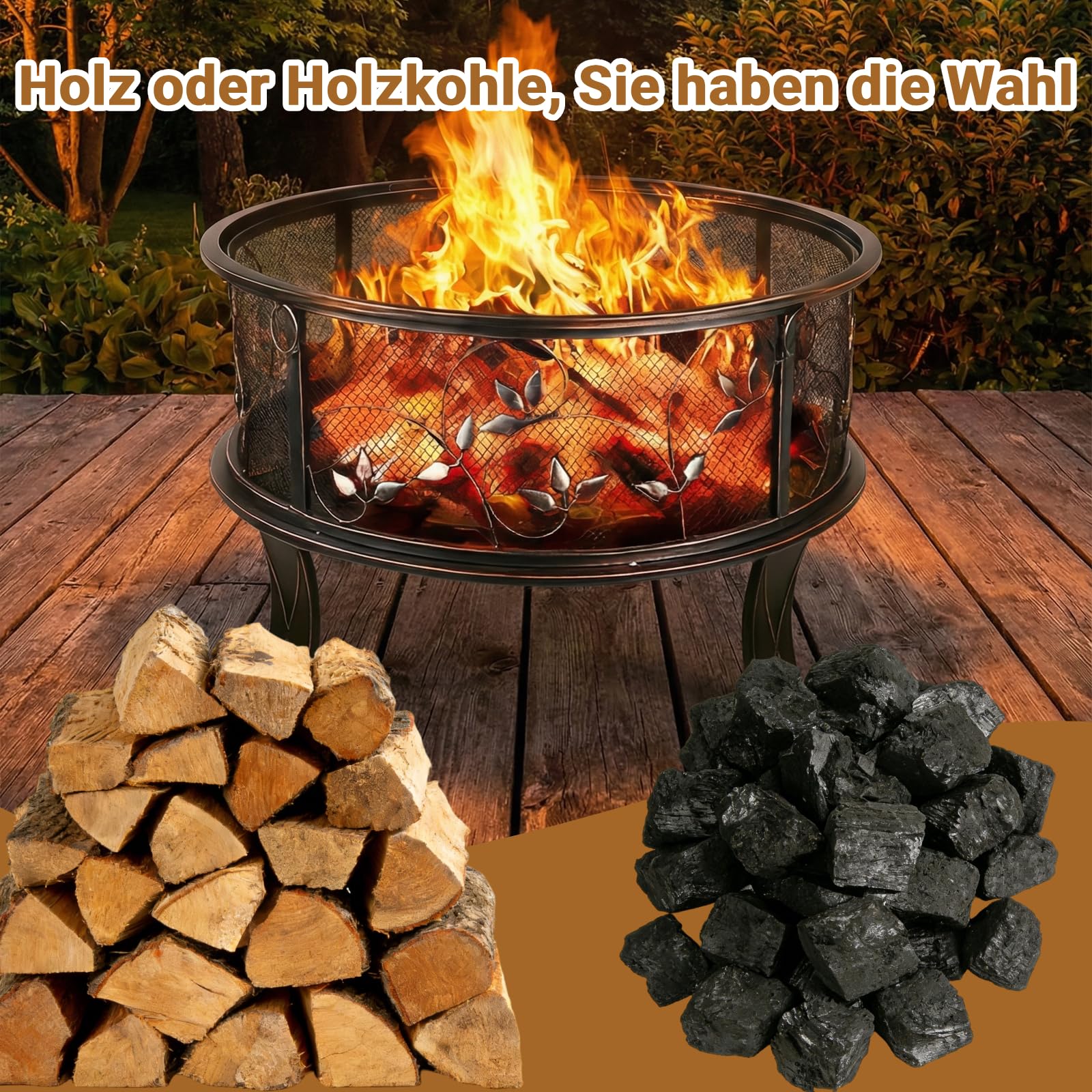 Braciere da giardino, braciere con parascintille, effetto retrò, con griglia per poker e carbone, riscaldamento in inverno, 4 PCS piede, motivo erba, Ø 71 x 65 cm, per giardino, campeggio, spiaggia
