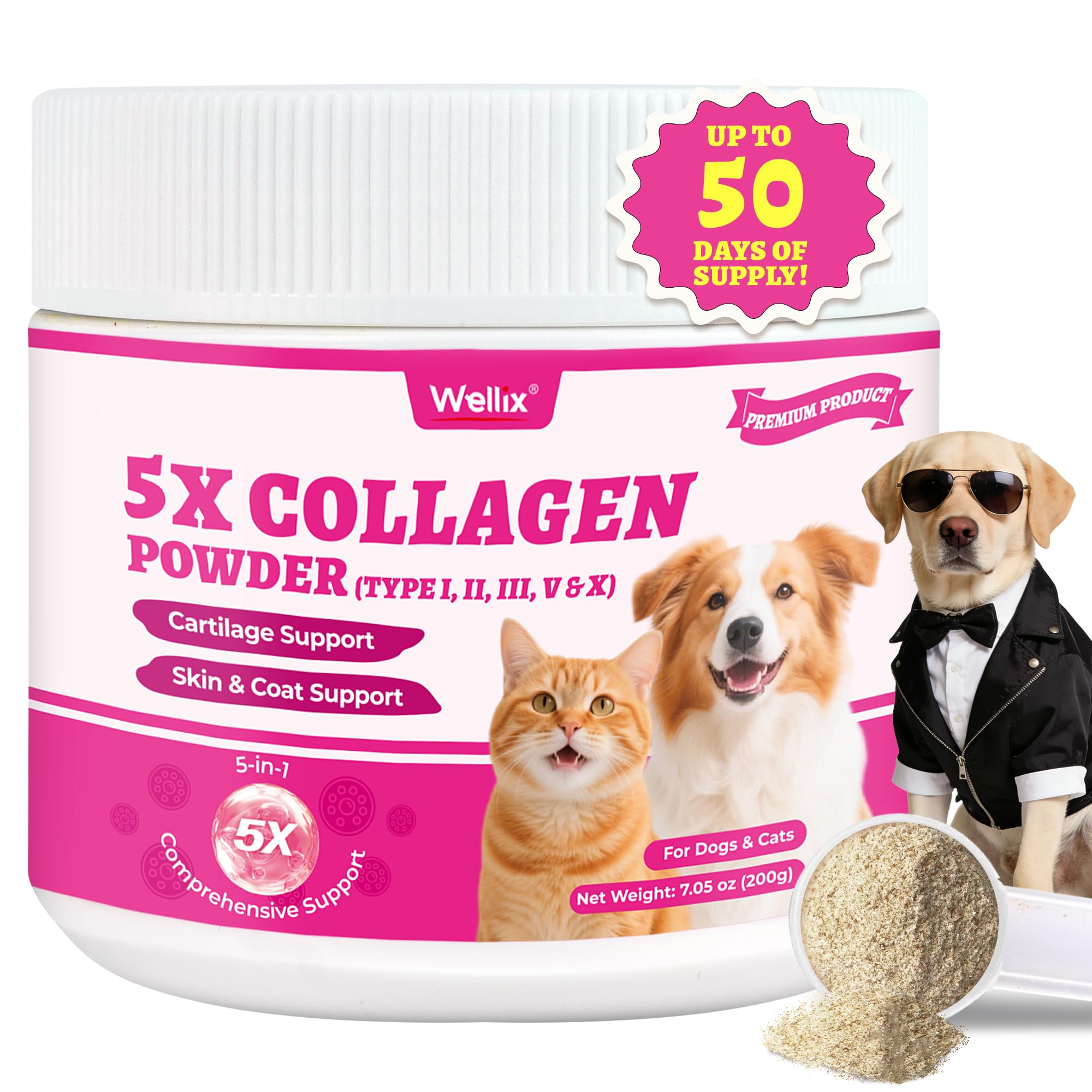 Wellix 7.05oz Natural Collagen Powder for Cats & Dogs - Healthy Skin,Coat,Hip and Joint Supplement for Cat - with MSM,Vitamin C,E,Hyaluronic Acid for Pet Support - Chicken Flavor