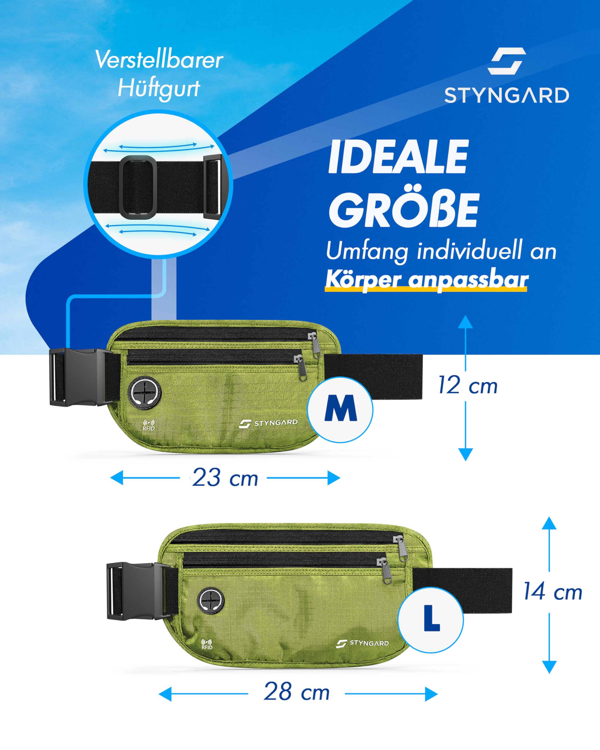 Flache Bauchtasche diebstahlsicher RFID Schutz - Geldgürtel zum Umhängen - Reise Bauchtasche mit Diebstahlschutz - Brustbeutel Damen und Herren Sport - STYNGARD - Modell Madrid