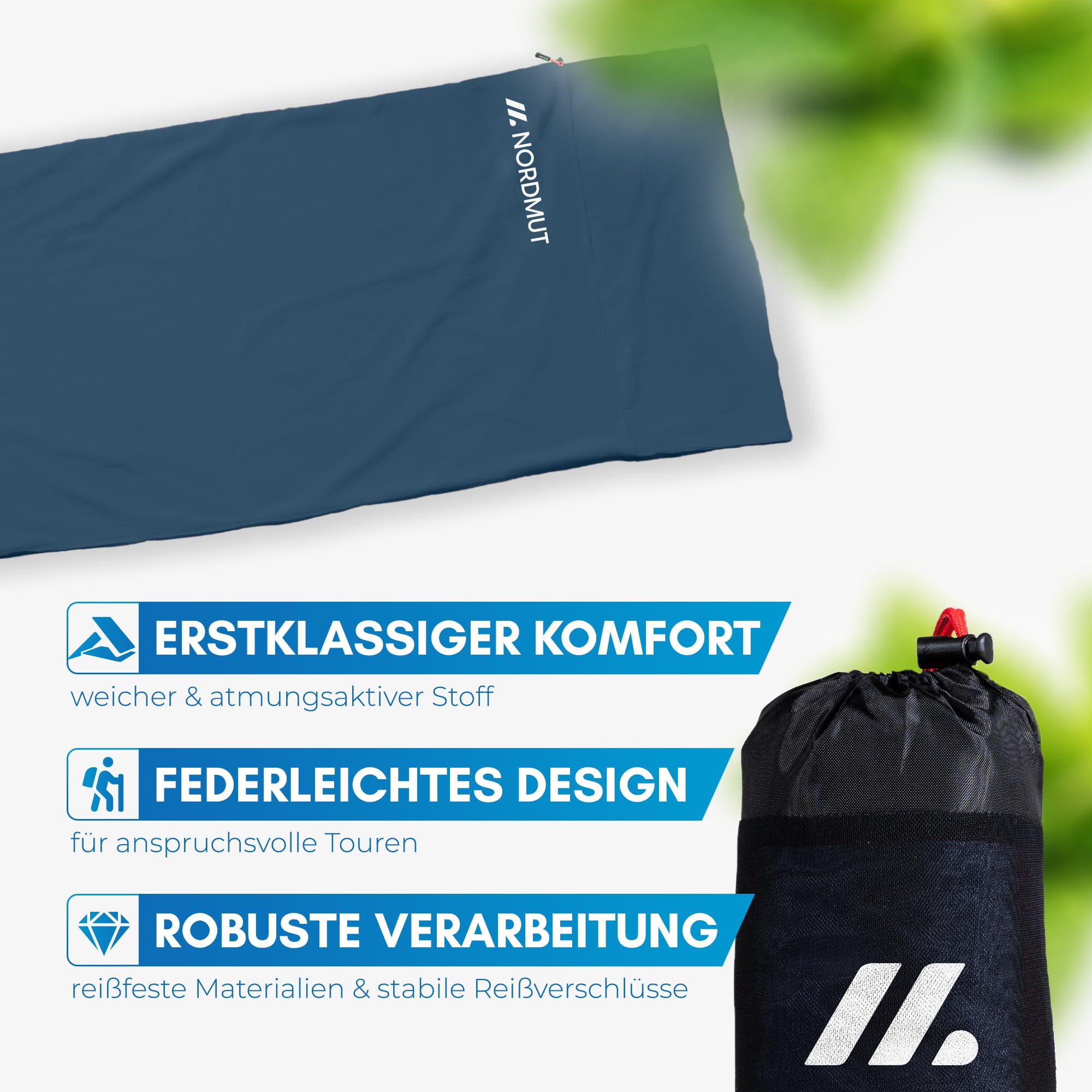 NORDMUT® Hüttenschlafsack Ultraleicht aus Mikrofaser oder Baumwolle - Reiseschlafsack atmungsaktiv kleines Packmaß & besonders weich inkl. Kissenfach