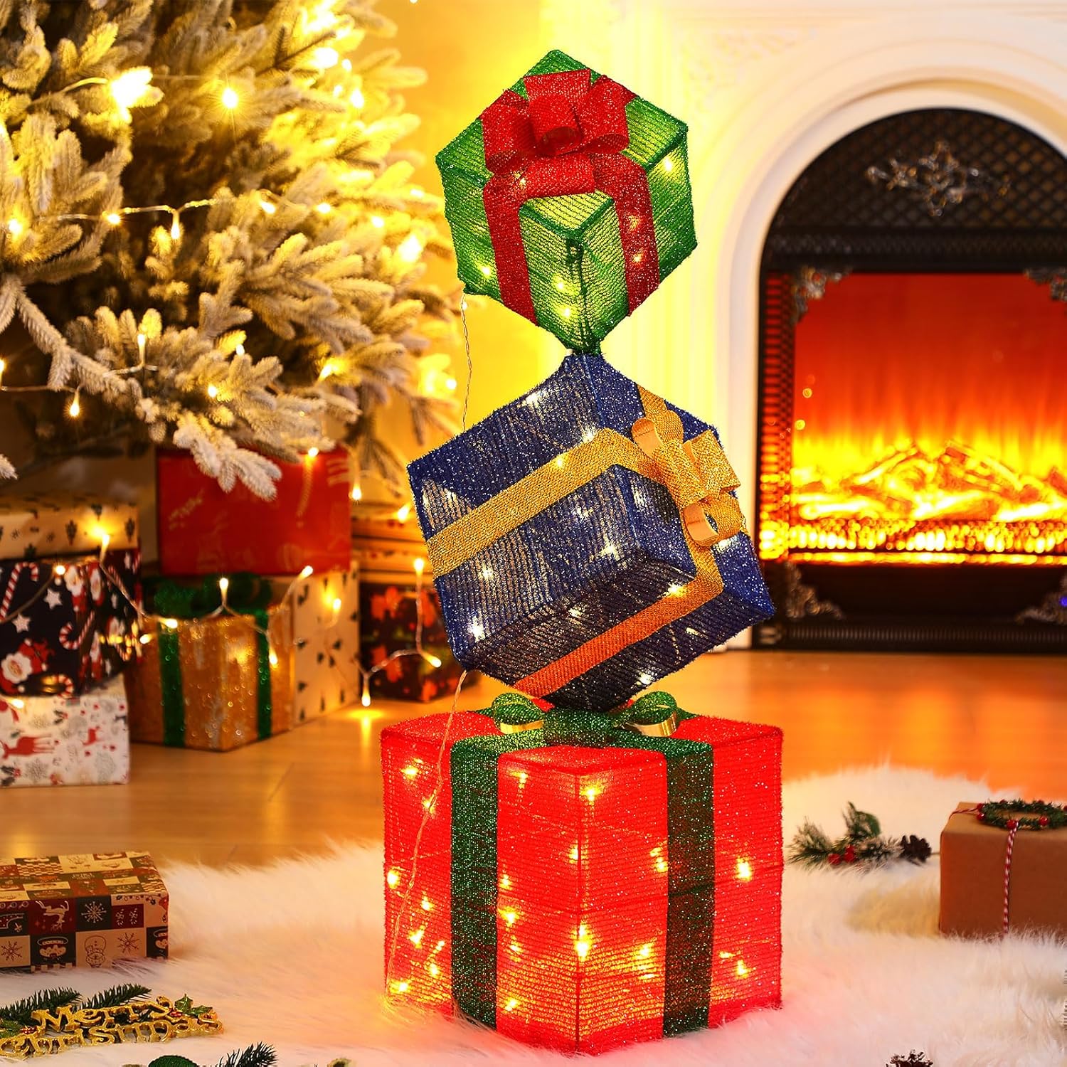 Pinkunn 3D 2.8 ft Lighted Gift Boxes Outdoor Decorations Set of 3, 50 LED Stackable Nesting Gift Boxes Battery Operated for Winter Outdoor Decoration(Red, White,Box Style)