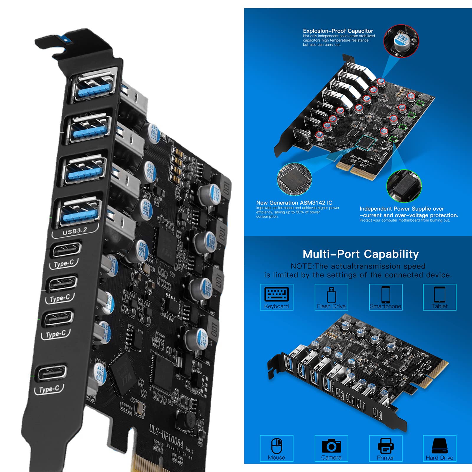 8 Ports PCIE USB 3.2 Expansion Card 20G PCI-E to Adapter USB3.1 Type-C X 4 &