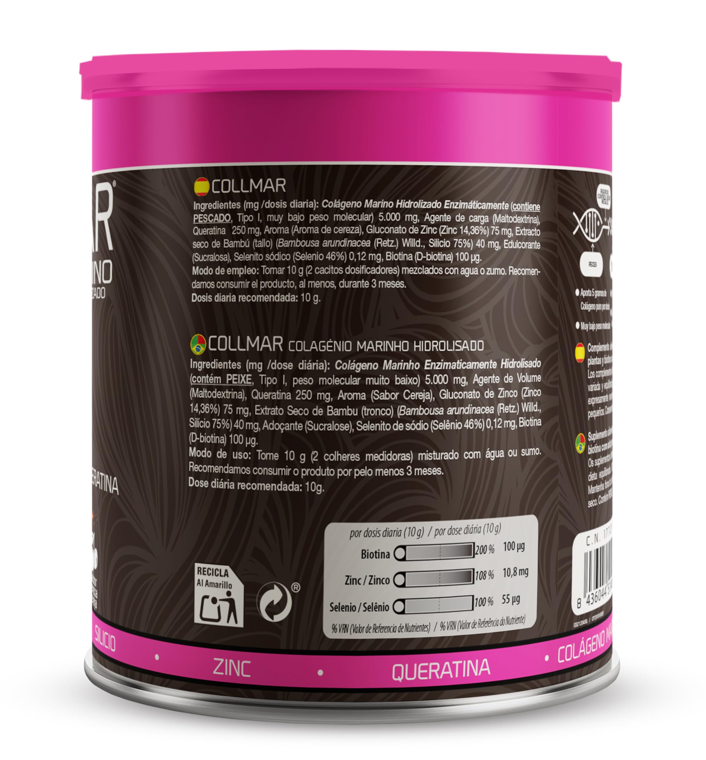 Drasanvi COLLMAR Colágeno Marino Hidrolizado + Biotina, Queratina, Selenio, Zinc y Extracto de Bambú | Cabellos Débiles y Finos| | Alta Dosis 5.000 mg/día | 350g de Polvo = 35 Días | Sabor Cereza