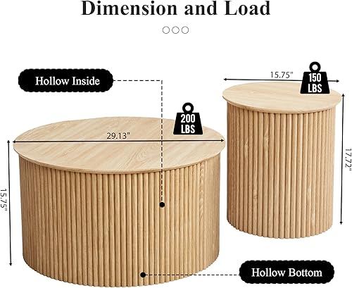 Miniatura 28 de AVZEAR Juego de 2 mesas de centro redondas anidables, mesa auxiliar moderna de granja, mesas anidables de madera natural, mesa auxiliar bohemia para