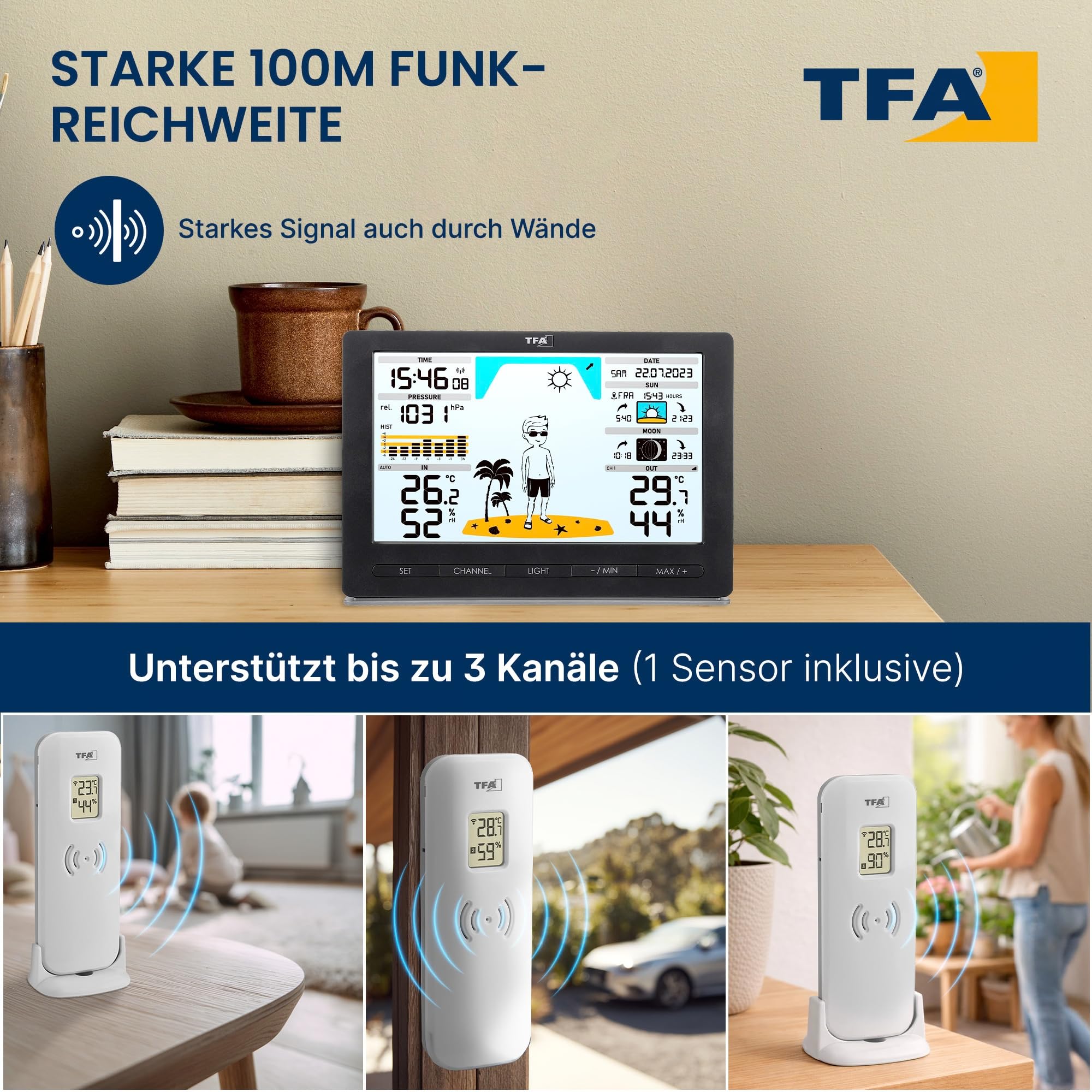 TFA Dostmann Funk Wetterstation METEO JACK, 35.1097.01, mit Außensensor, inkl Wettervorhersage mit Luftdruck, Mondphase, Sonnenaufgang- & -untergang, Funkuhr, Amazon Exklusiv, schwarz