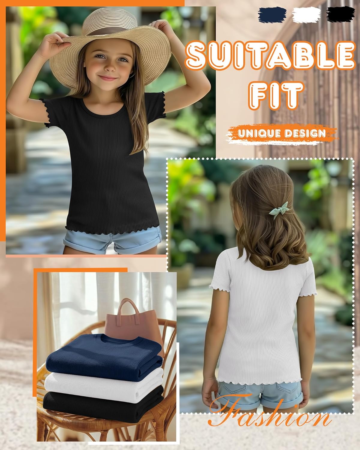 3 Pack Girl's Ruffle Short Sleeve Shirts Ribbed Knit Crew Neck Casual Basic Tees 5-14 Years - Image 6