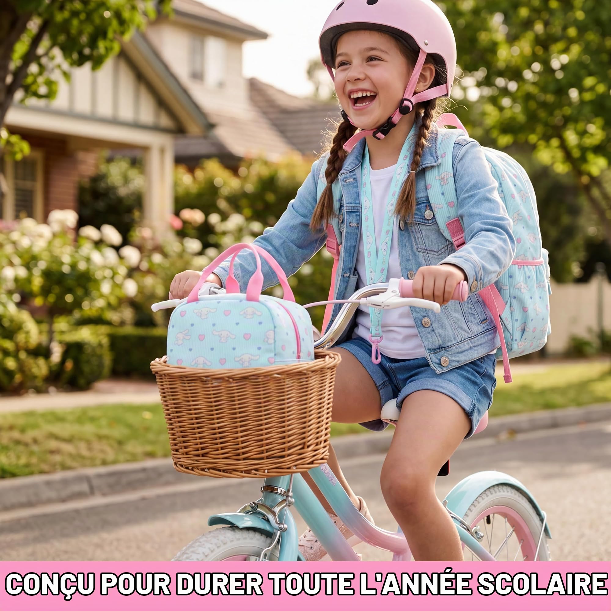 Get Trend Hello Kitty Cinnamoroll Sac a Dos Fille, 4 Pcs Cartable, Sac Isotherme Repas, Trousse Scolaire et Lanyard (Bleu/Rose Cinnamoroll)