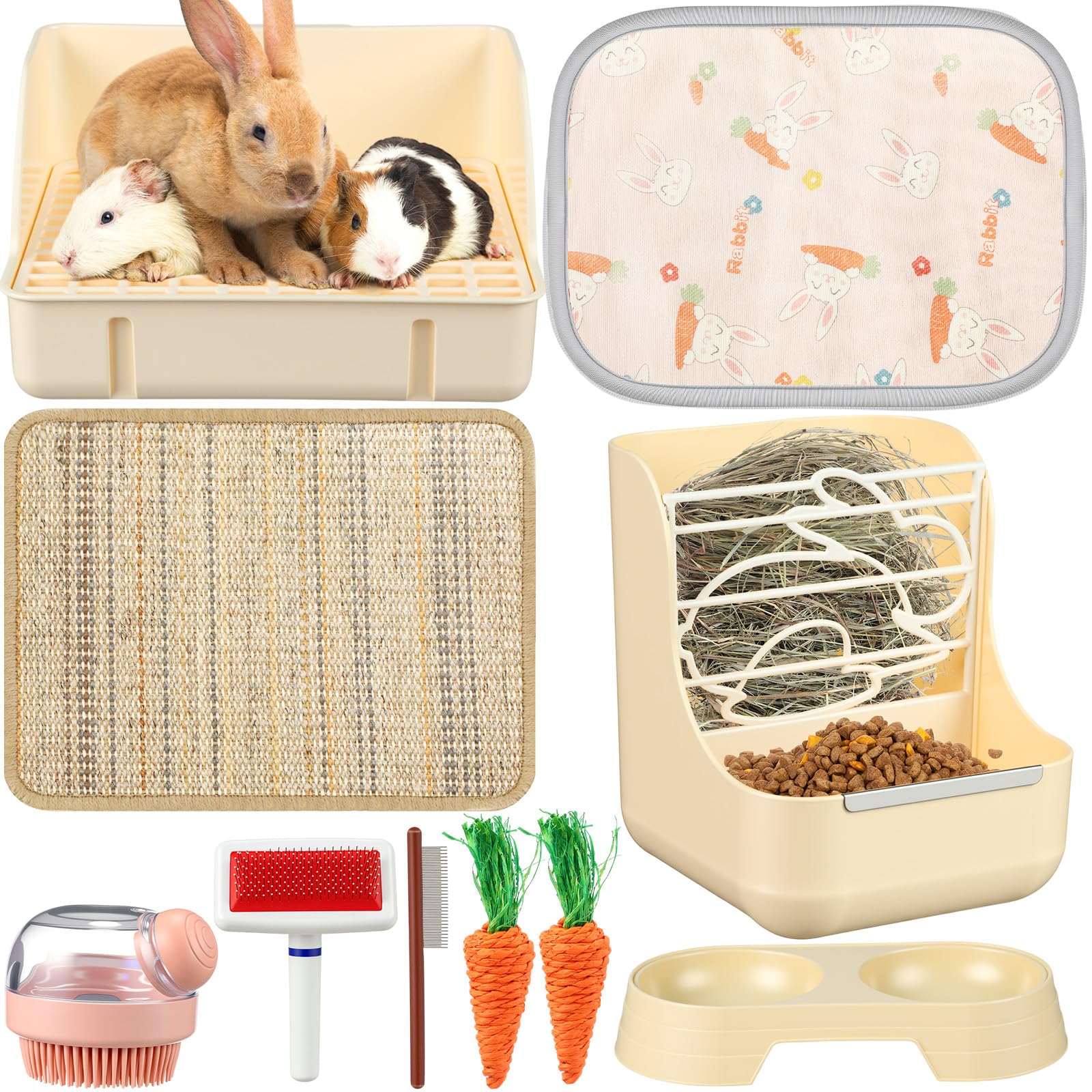 Honeydak 10 Pcs Rabbit Starter Kit Small Litter Box Bunny Grooming Kit Scratch Pads Hay Feeder Bowl Ice Pad with Bunny Toys for Guinea Pig Rabbit Accessories(Beige)