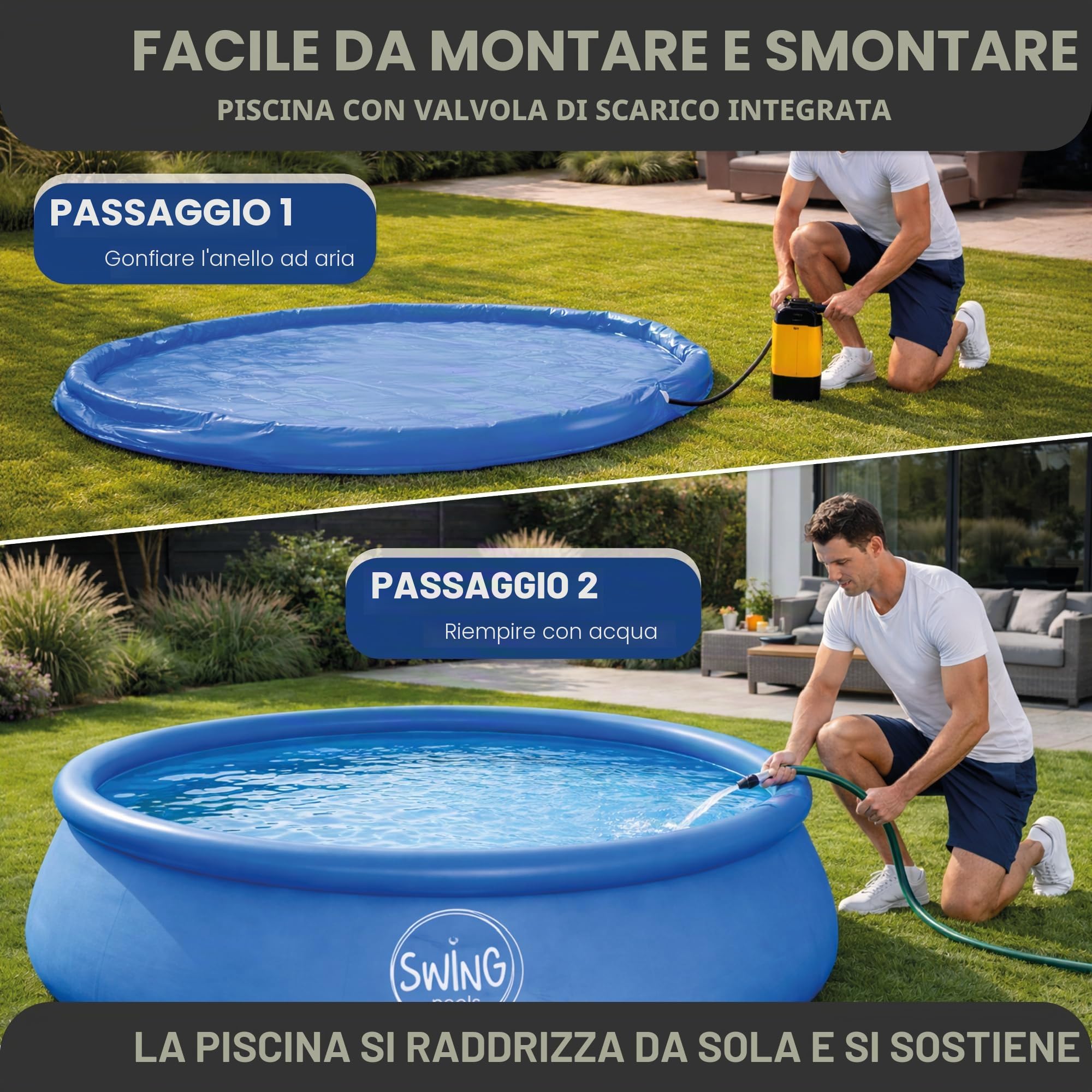 HAF Piscina Swing Quick-Up di colore grigio (Ø 366 x 91 cm), circa 6.700 litri, piscina autoportante (rotonda), piscina gonfiabile da giardino per bambini e adulti, non sono necessari attrezzi