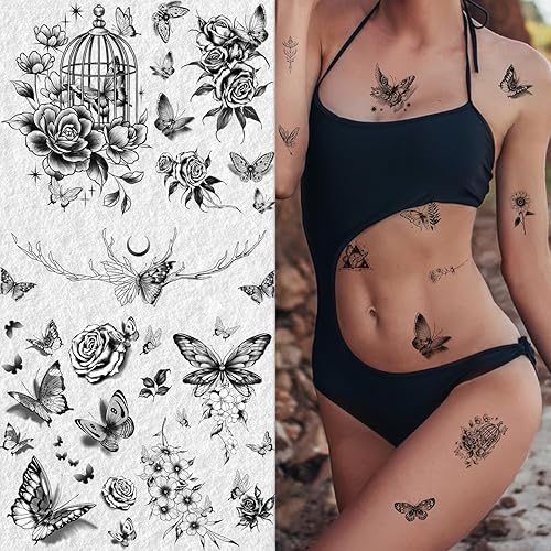 Miniatura 2 de Cerlaza 20 hojas de tatuajes temporales de mariposa negra para mujeres adultas, 120 estilos de mariposas pequeñas, tatuajes falsos impermeables, de
