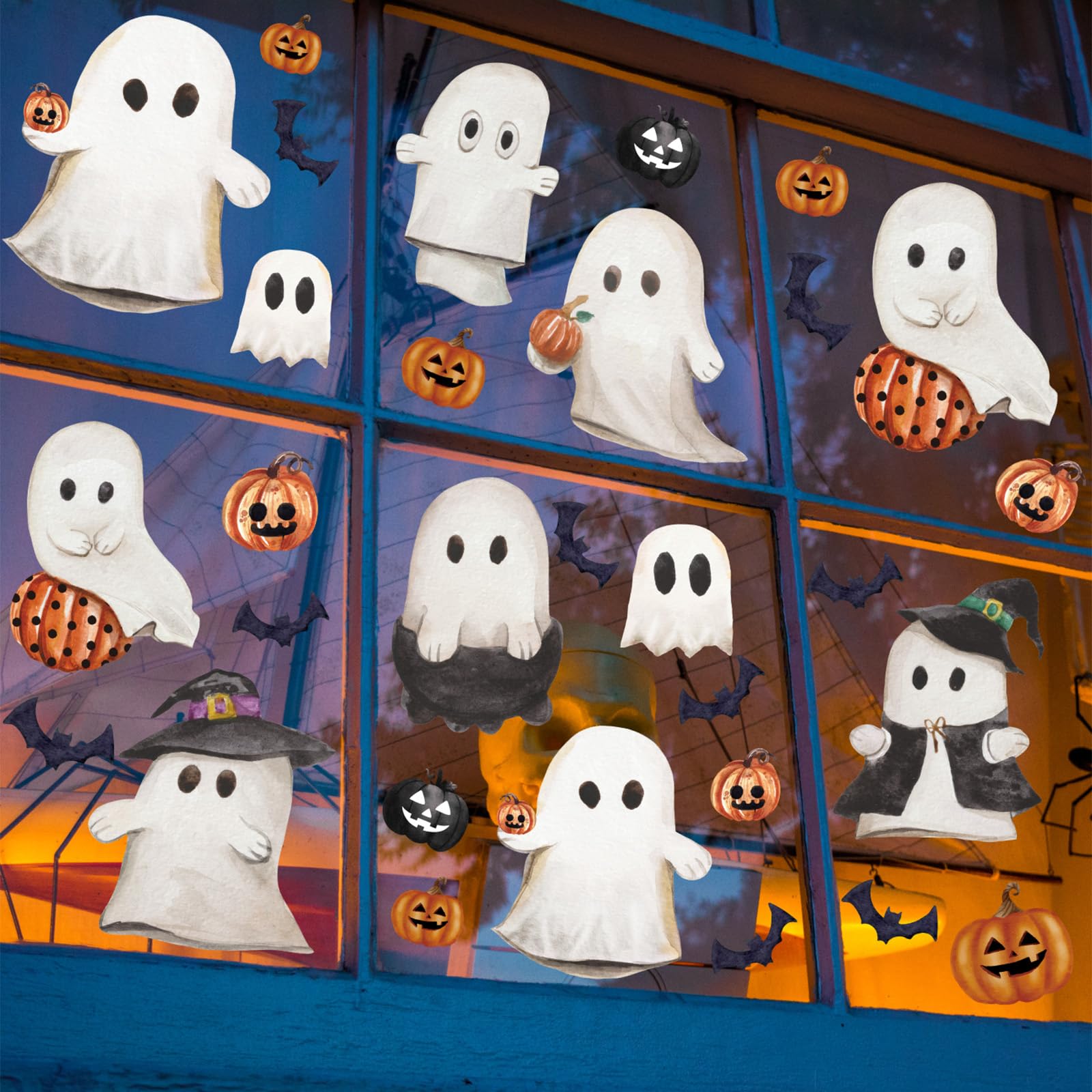 JarThenaAMCS Halloween Window Clings Ghost Pumpkin Bat Window Stickers Double-Side Glass Decals for Home Party Favor Supplies, 7.9 x 11.8 Inch, 9