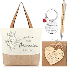 Xuniea Set of 5 Gift for Godmother Including Canvas Bag Keyring Heart Shape Ballpoint Pen Plaque Envelope Gift Godmother for Christmas, Birthday, Christening, Communion, Request Announcement