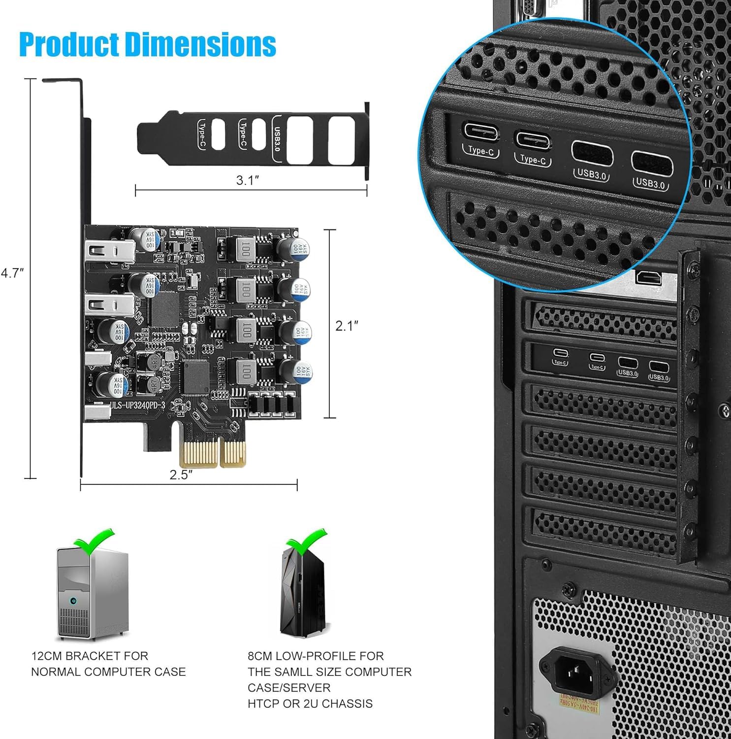 Tarjeta PCIe USB con 25W Power Delivery, Tarjeta de Expansión PCI Express a USB 3.0 de 4 Puertos (2 x Tipo A + 2 x Tipo C), Carga Rápida con Soporte de Perfil Bajo para PC de Sobremesa