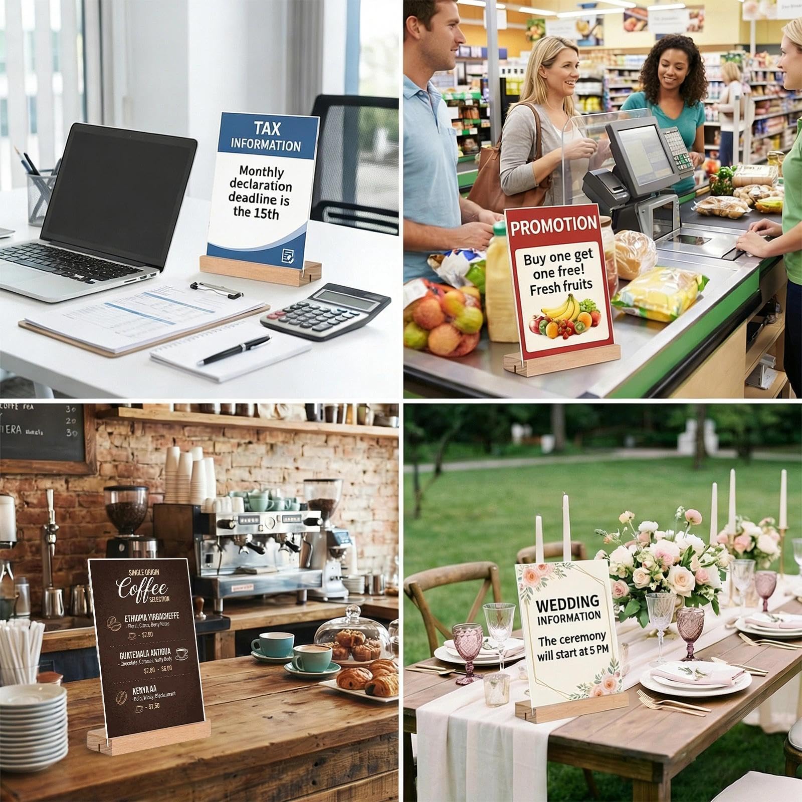 3 Pièces Porte Affiche A4 Presentoir A4 Transparent Support Affiche A 4 avec Base en Bois Présentoir de Table A 4 Porte Menu L&T 21 x 29,7cm pour Restaurants, Bureaux