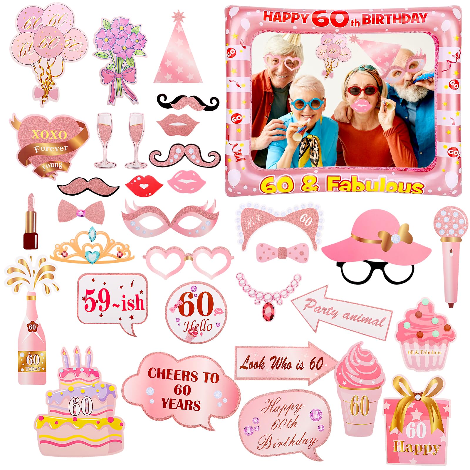 60th Birthday Photo Booth Props, Rose Gold Birthday Decorations for Women, Giant Inflatable Selfie Frame, 33PCS Birthday Party Photo Props for 60th Birthday Party Decorations and Gifts