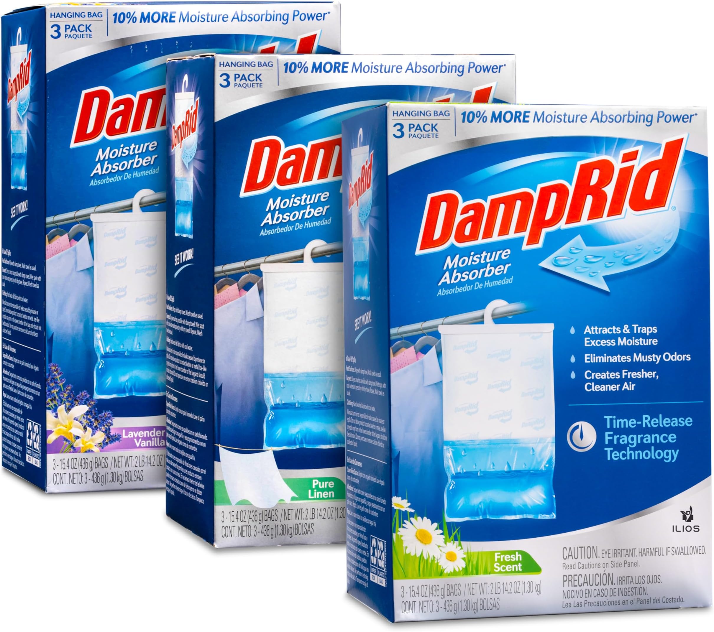 - Damp Variety 3 Scent's Moisture Absorber, 1 Powder Fresh, 1 Lavender Vanilla, & 1 Fragrance Free - Eliminates Odors for Fresher, Cleaner Air,14% More Moisture Absorbing Power. Packaging.