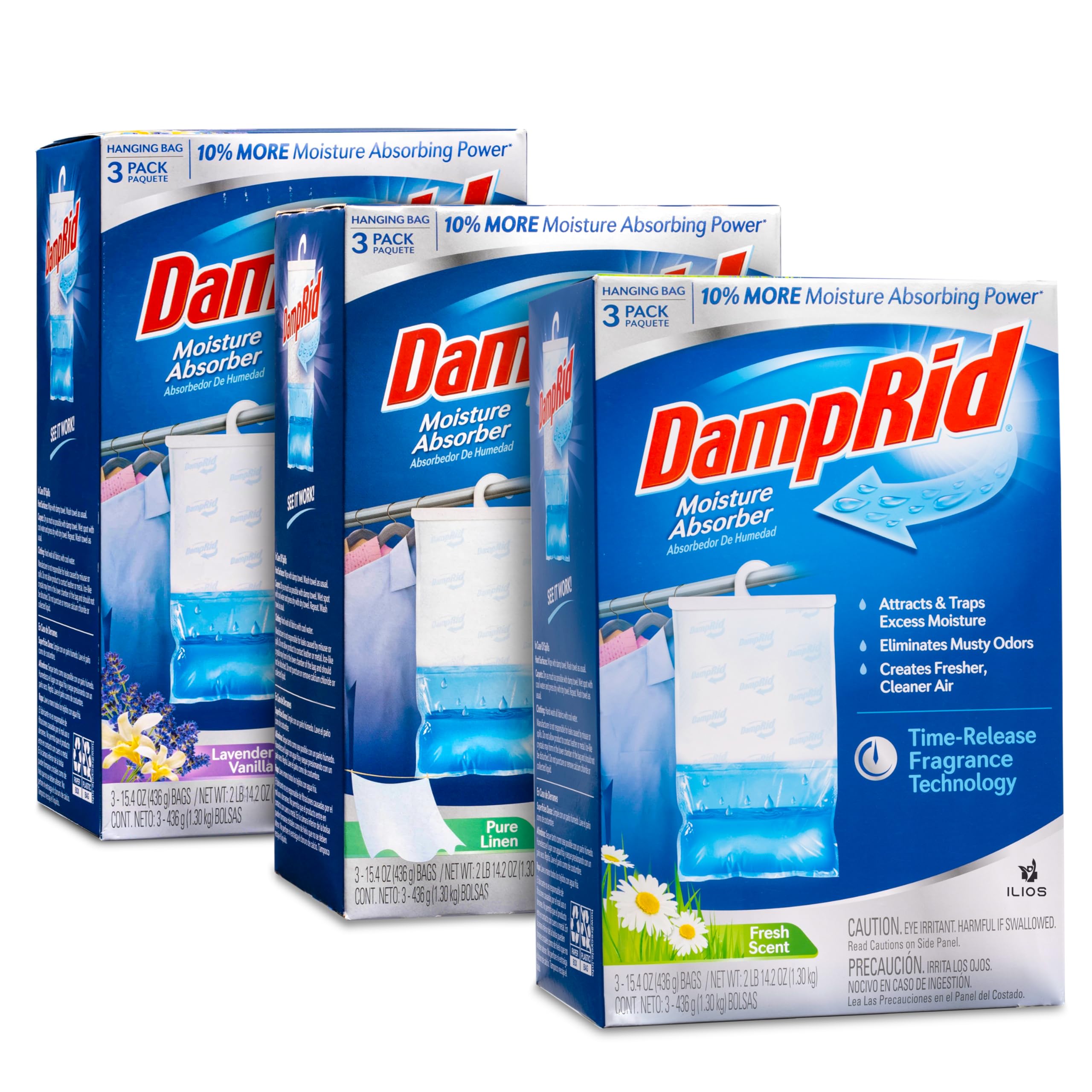 Damp Rid Hanging Bag Moisture Absorbers - 3 Packs of 3-15.4oz (Pure Linen, Lavender Vanilla, Fresh Scent) - Closet Deodorizer Odor Eliminator, 10% More Moisture Absorbing Power - Ilios Packaging