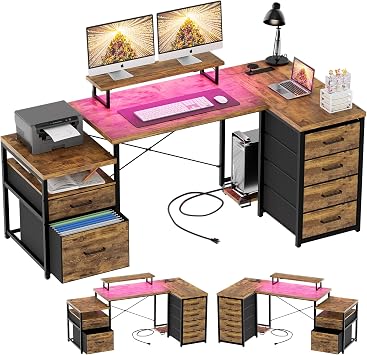 Unikito Reversible L Shaped Computer Desk with Fabric File Drawers, 70.8" Large Office Desk with RGB LED Lights & Power Outlets & Monitor Stand & CPU Stand, Sturdy Corner Gaming Desk, Rustic Brown