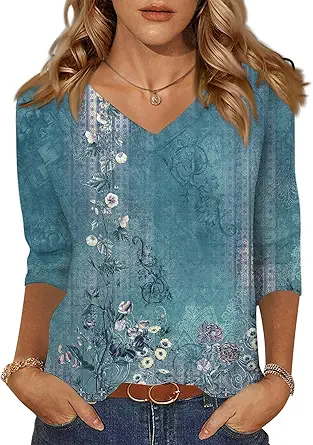 HTHLVMD Womens 3/4 Length Sleeve Tunic Tops Summer Fall Outfits 2025 Three Quarter Sleeve Casual V Neck T Shirts for Women