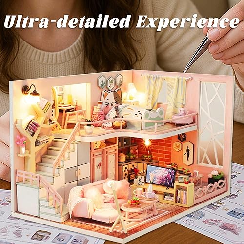 Miniatura 6 de Flever Kit de casa de muñecas en miniatura, habitación creativa con escena de apartamento tipo loft para regalo romántico de obras de arte (sueño