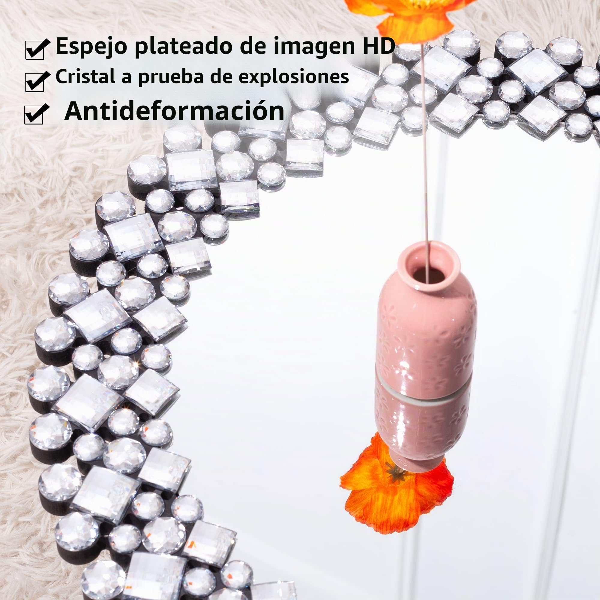 SHYFOY Espejo redondo de pared moderno con borde de joyas de cristal | Espejo redondo de lujo para baño, lavabo, salón, dormitorio, entrada | 60 x 60 cm