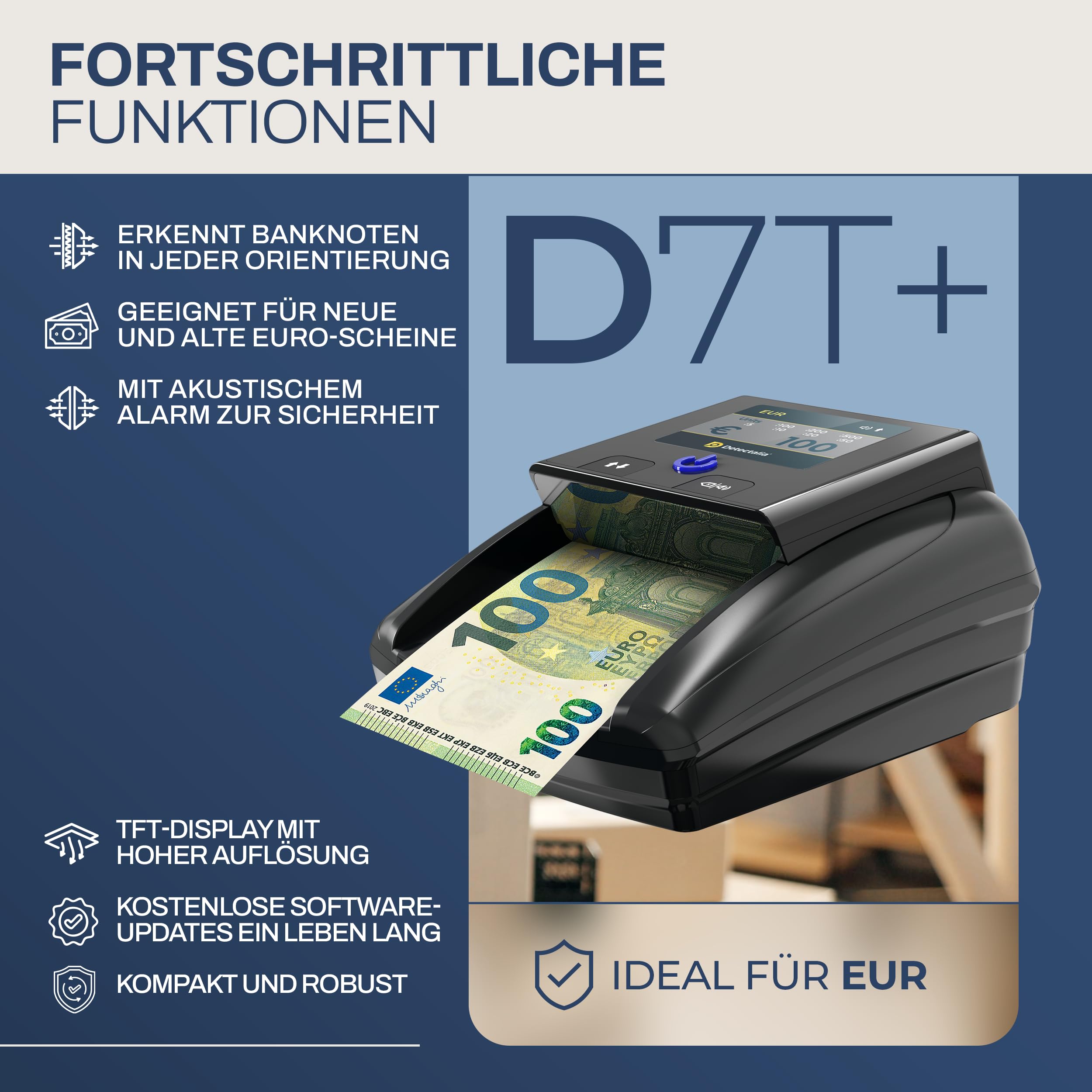 Detectalia D7T+, Falschgeldprüfer, getestet für EUR, GBP, USD, mit 5 Fälschungsprüfungen, mit Alarm, TFT-Display, EZB-Zertifiziert