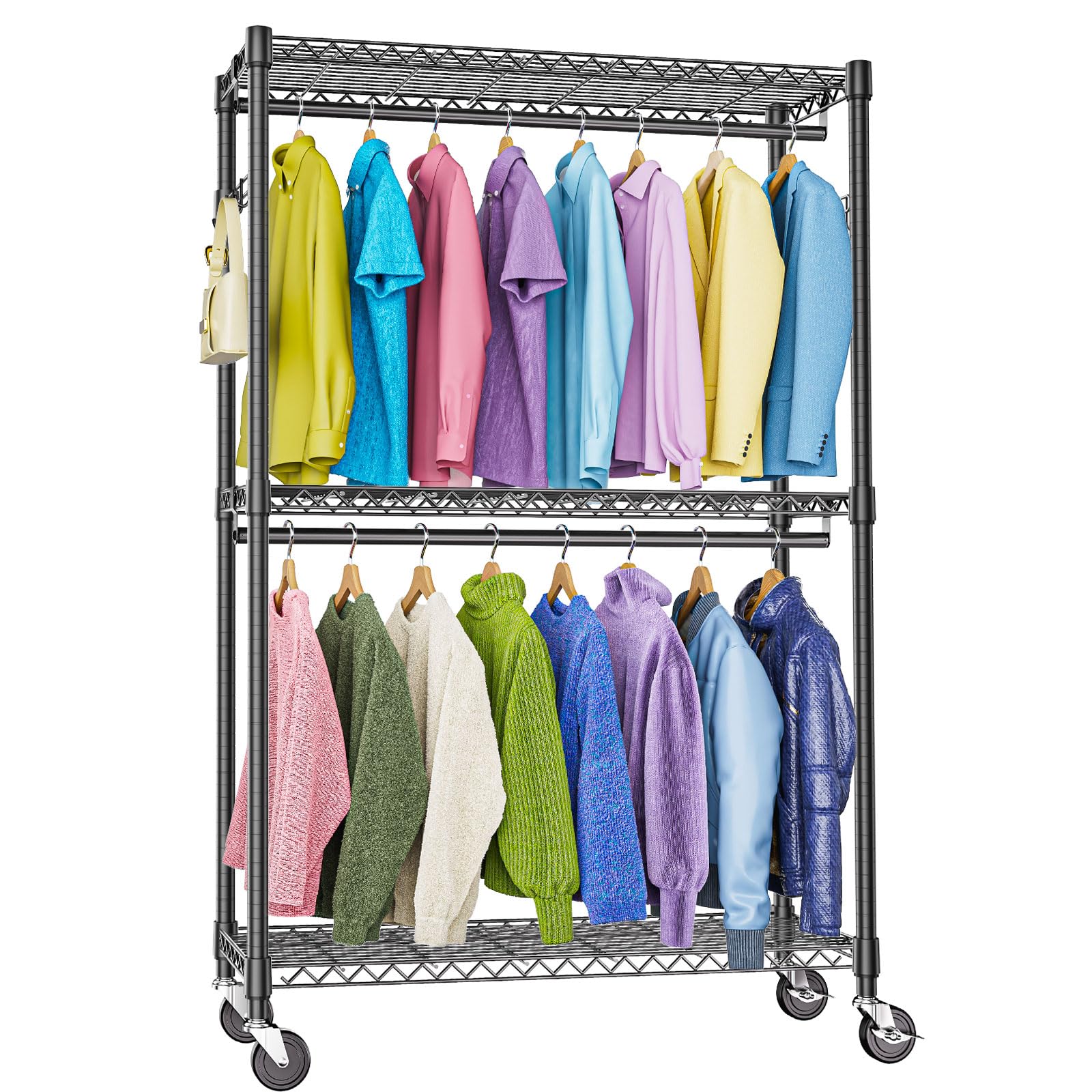 Heavy Duty Rolling Garment Rack 3 Tiers Adjustable Wire Shelving Clothes Rack with 2 Rods and Side Hooks,Storage Closet Clothing Rack with Wheels Black 15.7" D x 45.3" W x 79.6" H