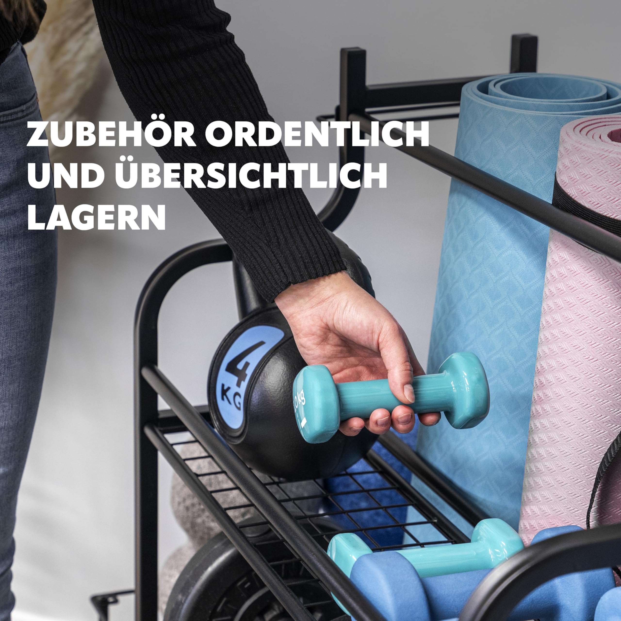 eluno Carrello portautensili da yoga con ripiani robusti, molti ganci e cestello laterale per kettlebell, rullo fasciale, manubri e accessori fitness in acciaio nero