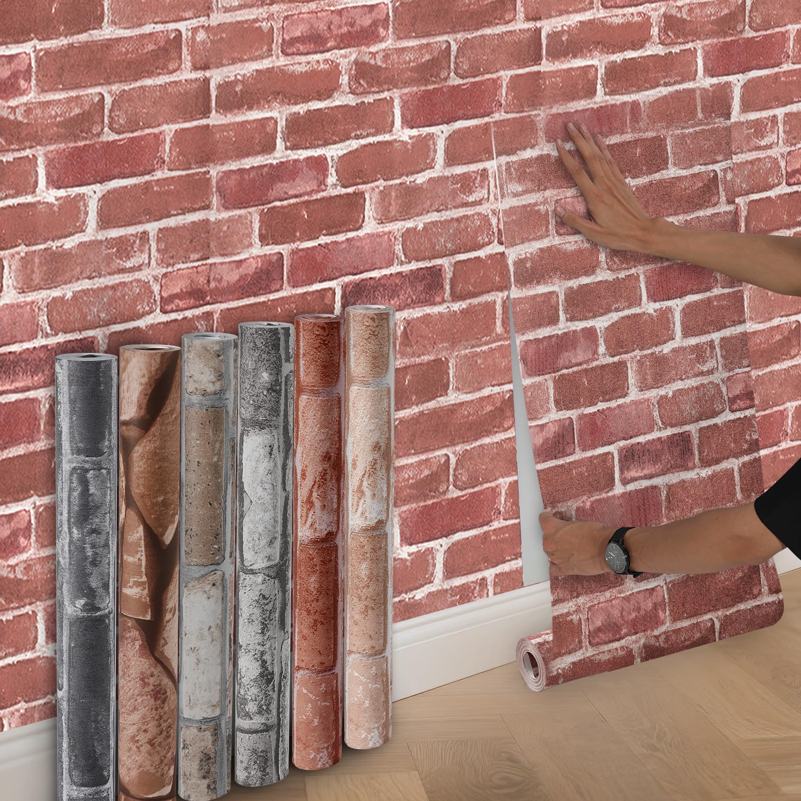 Anttyscar 3Roll Red Brick Wallpaper - 3D Effect Textured Brick Effect Wallpaper for Realistic Faux Bricks Wall Covering，Anti-Fouling Slate for Bedroom Living Room Hallway Stairs Lounge