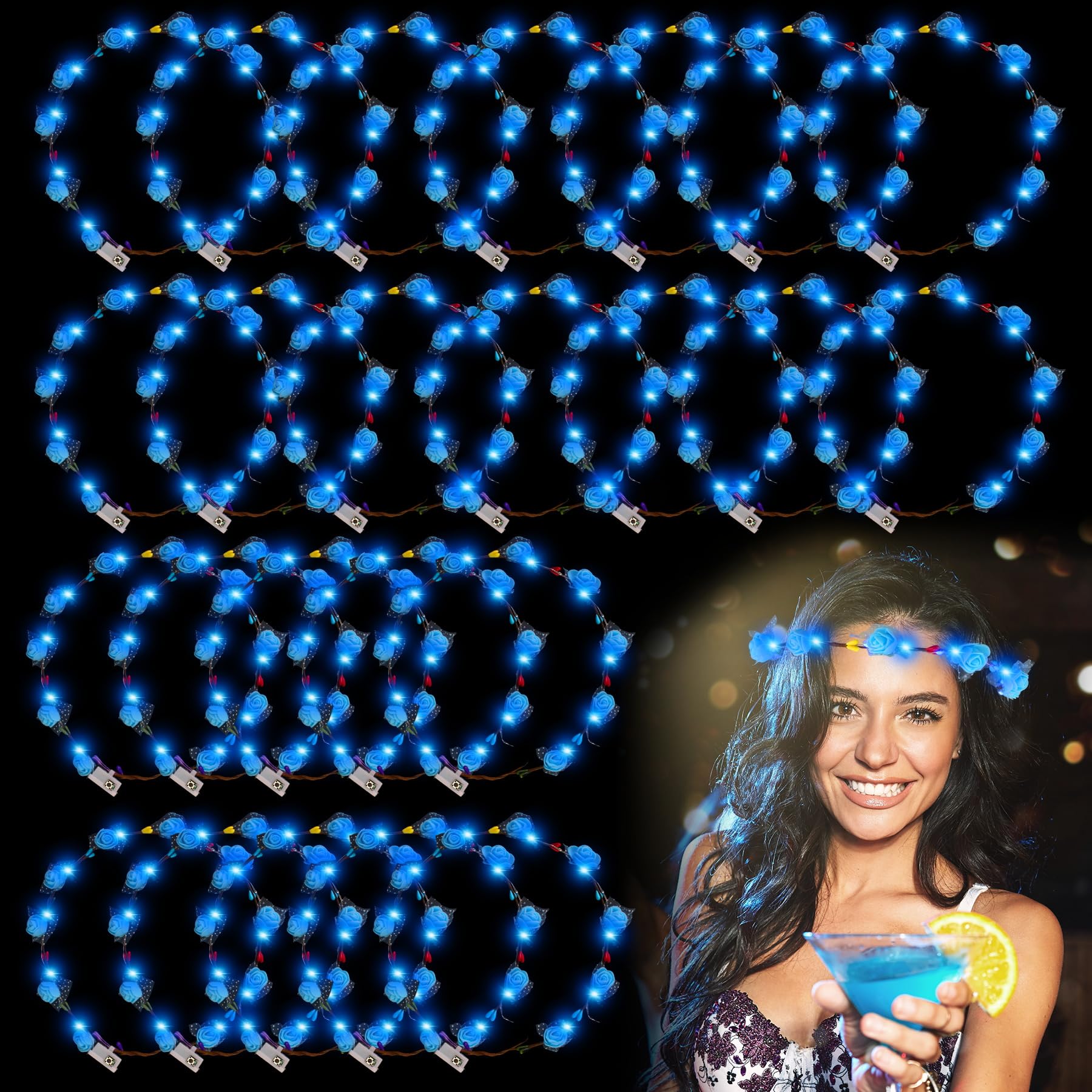 YOFOBU 36 Pcs Flower Crown Headband,Light Up Flower Headbands for Women,Glowing Floral Wreath Crowns for Wedding Beach Party (Blue)