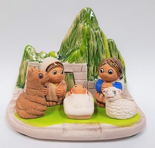 Machu Picchu Nativity Scene - Handmade in Clay - 1 Block - 3.15"X2.15"X3.15" high, Peru, Ruins, Incas, Andes, Llama, Sheep, Peruvian
