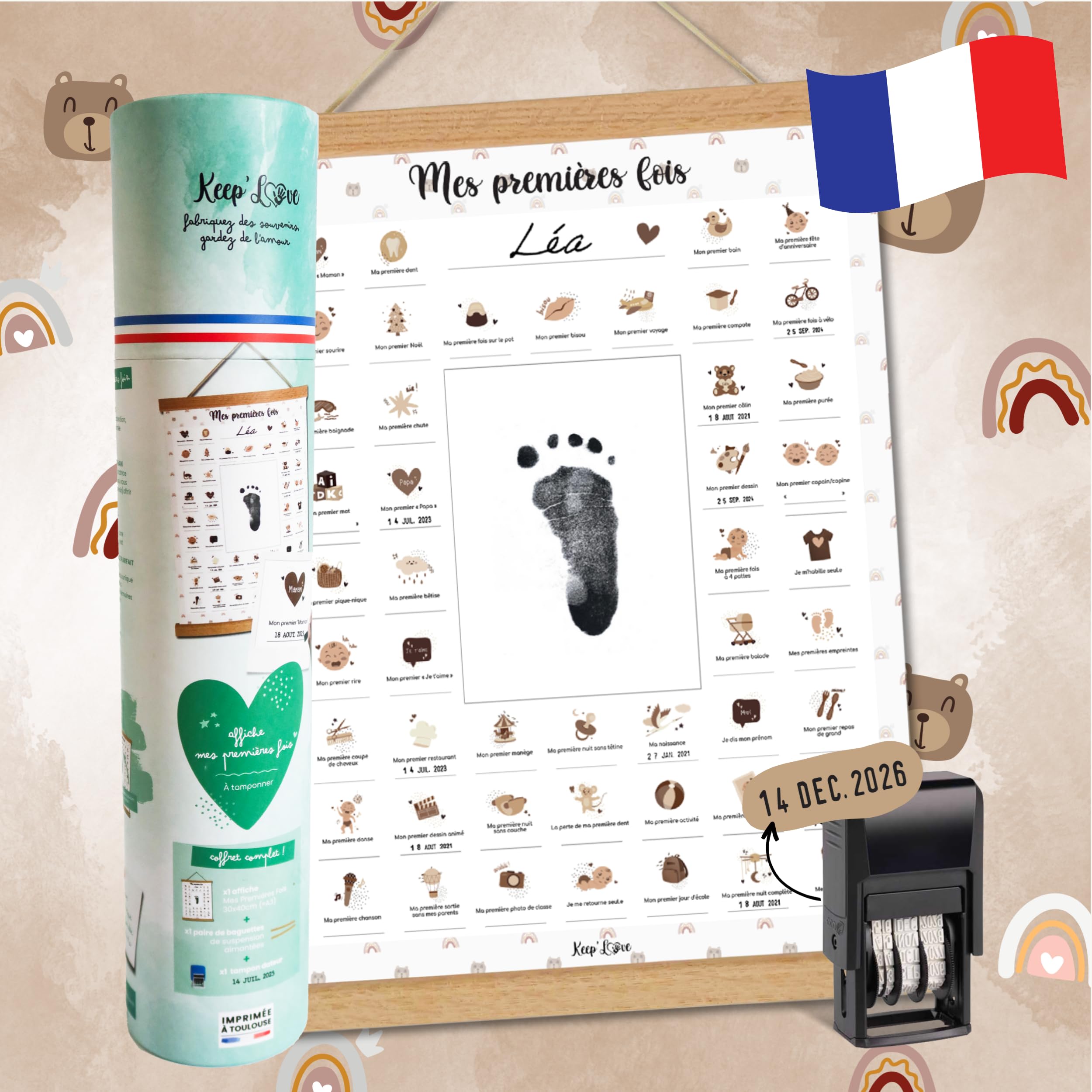 Keep'Love Affiche Mes Premières Fois à Tamponner, Cadeau de Naissance Bébé, Souvenir, Decoration Chambre, Baguettes Suspension Aimantées, Coffret Cadeau Jeune Maman, Grand Format A3 (Modèle OURSON)