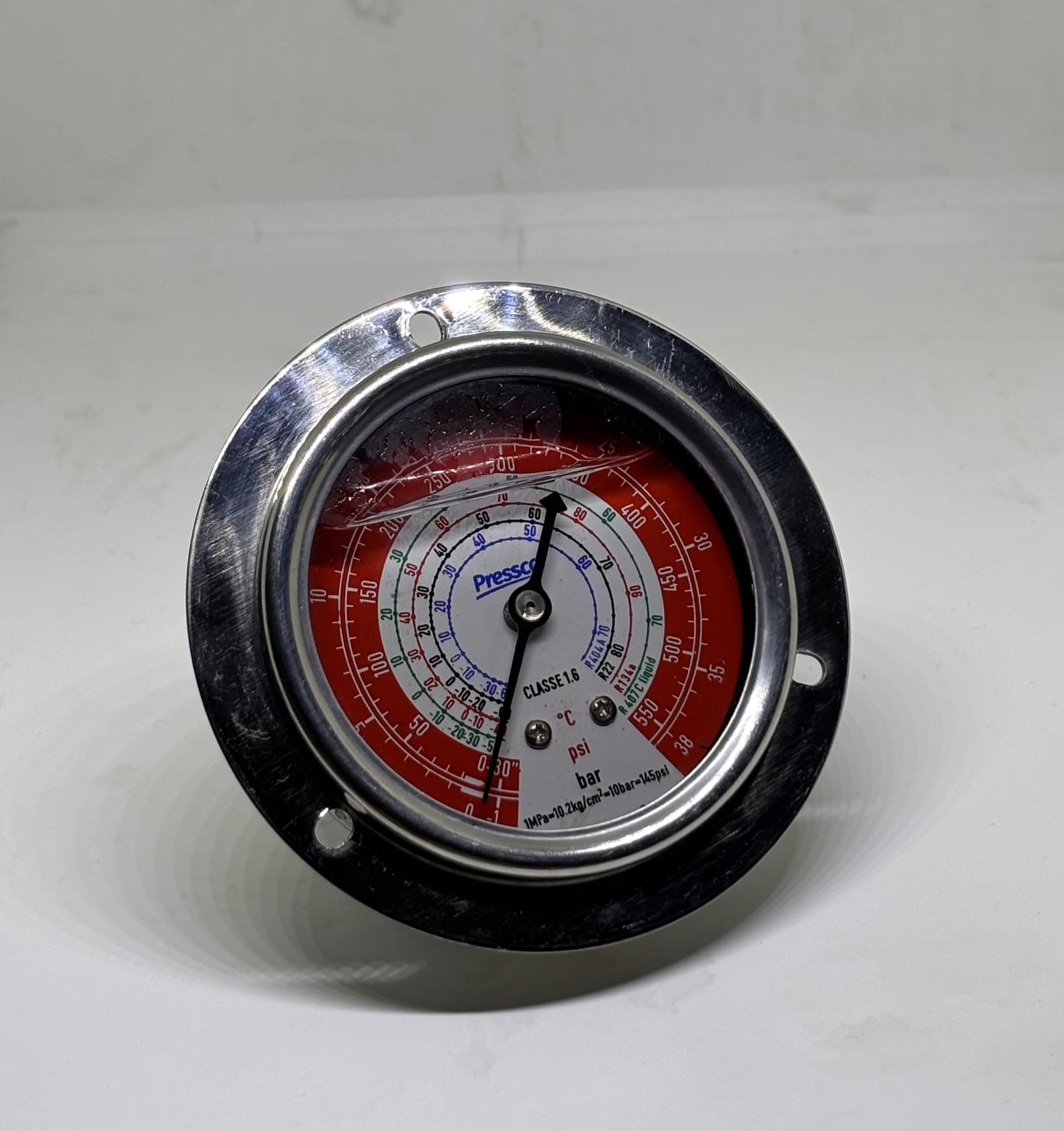 Pressco Refrigerant Pressure Gauge Back Connection Mount | Multi-Refrigerant Scale, PSI & Bar Display, Stainless Steel Body, Classe 1.6 Accuracy, Flange Mount Design-image-20