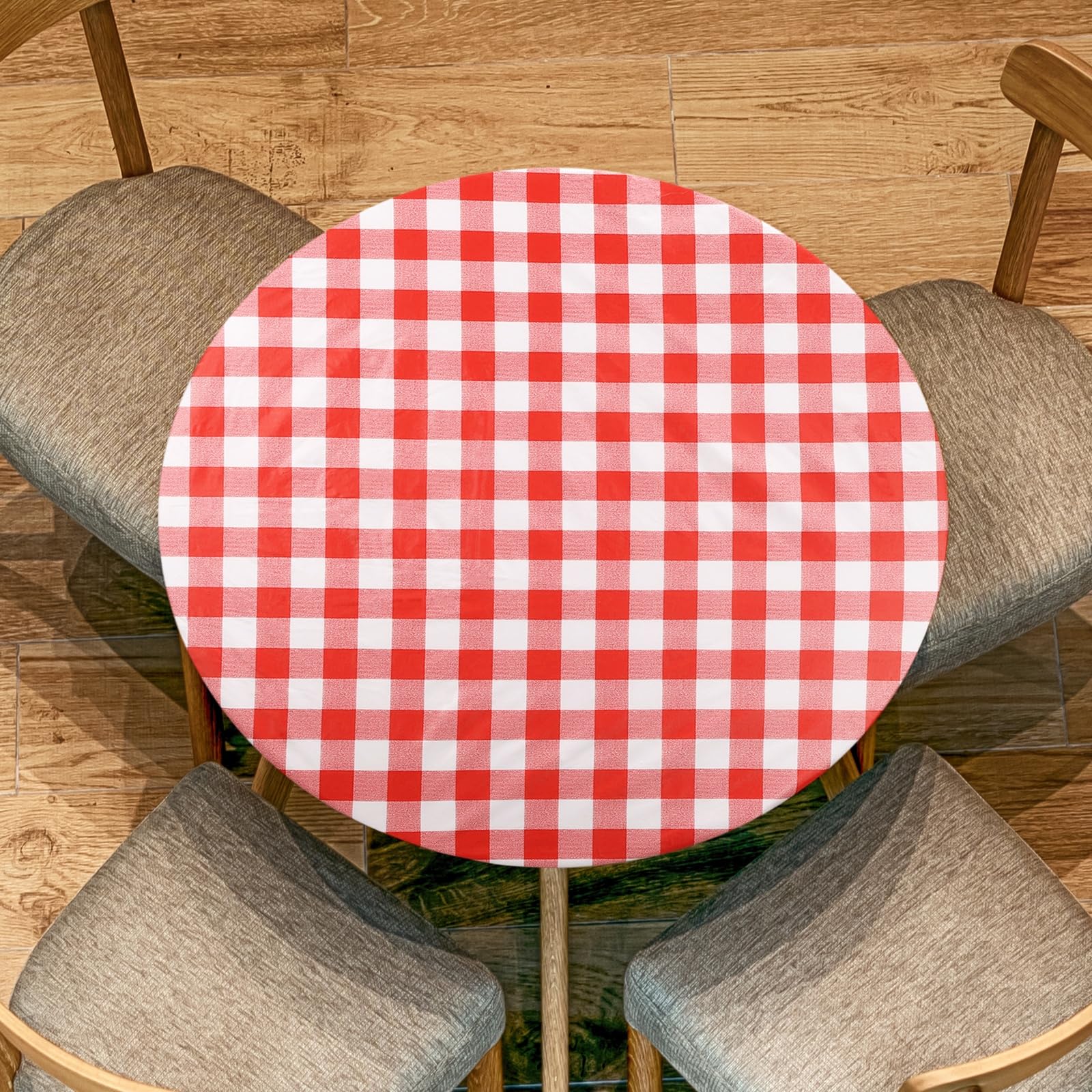 sourcing map 48-inch Round Fitted Tablecloth with Elastic Edge, Round PVC Table Cloth Waterproof Stretchable Vinyl Tables Cover Fit 35"-43" Diameter for Picnic Camping Outdoor, Red/White