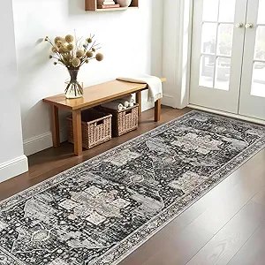 RUUGME Hallway 3x10 Runner Rug - Washable Rugs with Non Slip Backing Ultra Thin Stain Resistant Carpet for Kitchen Living Room Bedroom Vintage Tribal Rugs for Floor Decoration Mat 3x10 Black