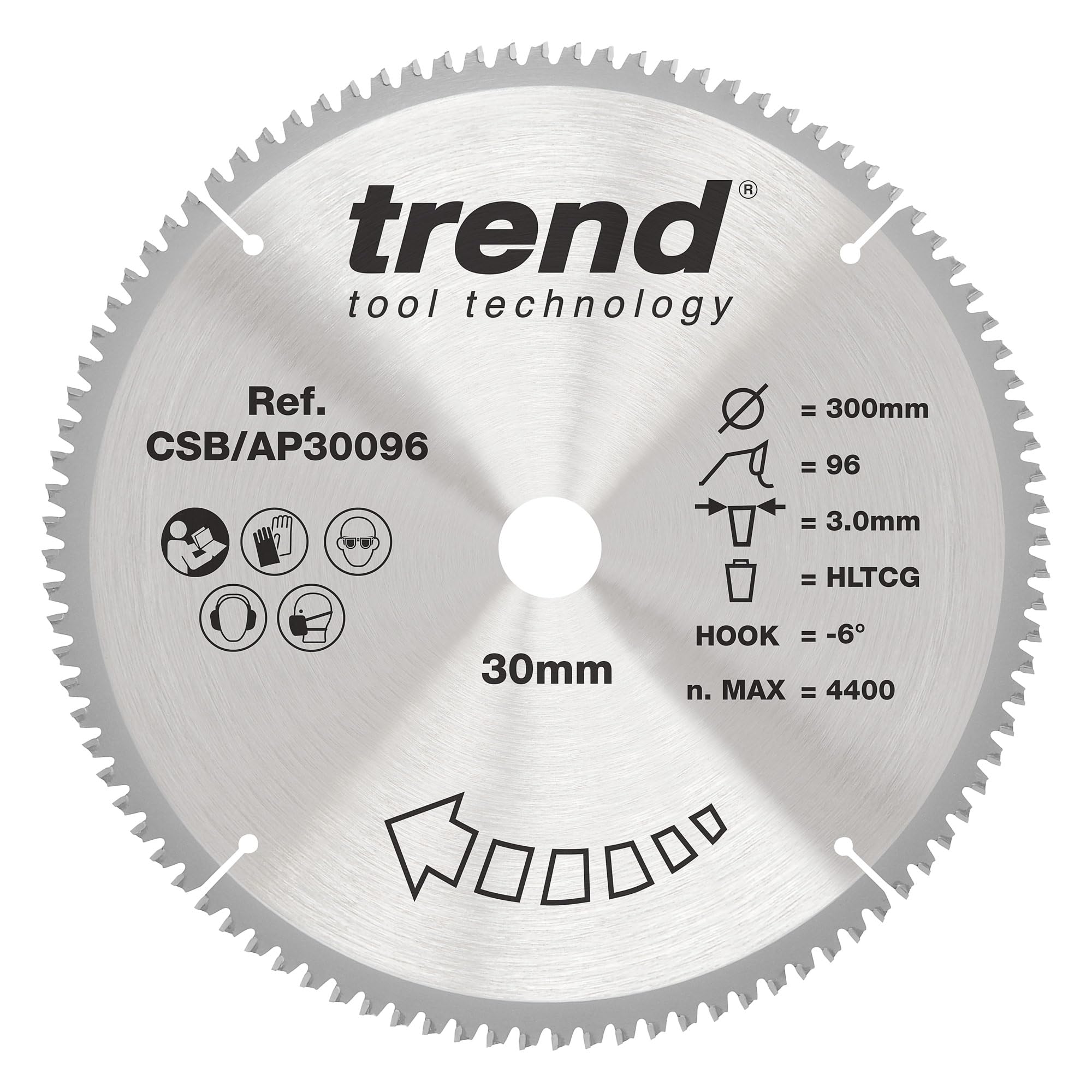Trend Lama Circolare per Alluminio e Plastica, Diametro 300mm, Foro 30mm, 96 Denti, Larghezza Taglio 3mm, Angolo -6°, metallo duro (TCT), Finitura Extra-Fine, CSB/AP30096