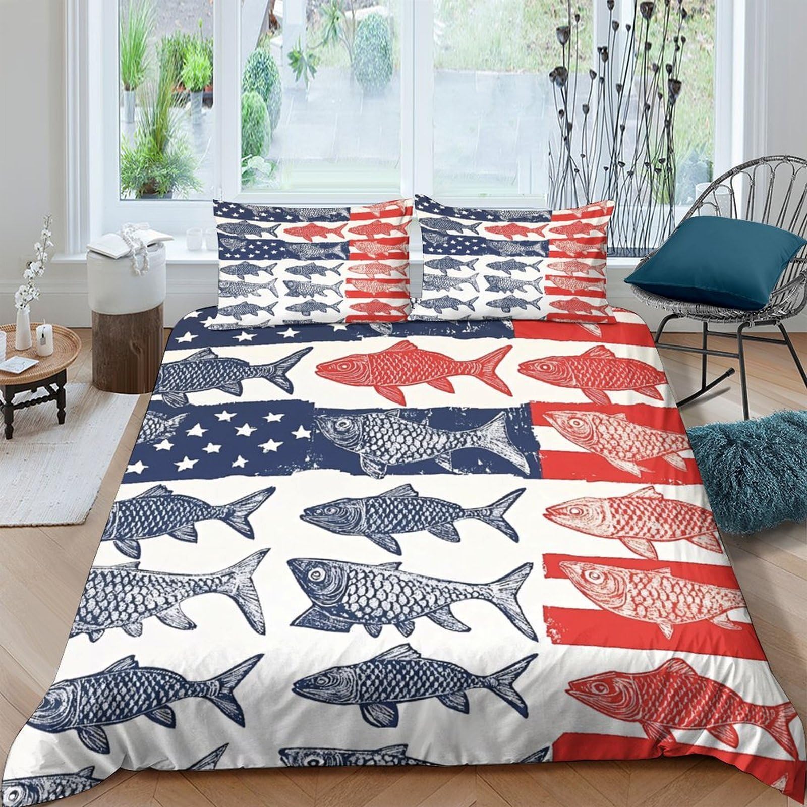 Ctjqhvkz Style-3 3D Printed American Flag Fish Fitted Sheet Microfiber Slip Resistant Bed Cover For Bedroom Living Room Decor Single（135X200cm）