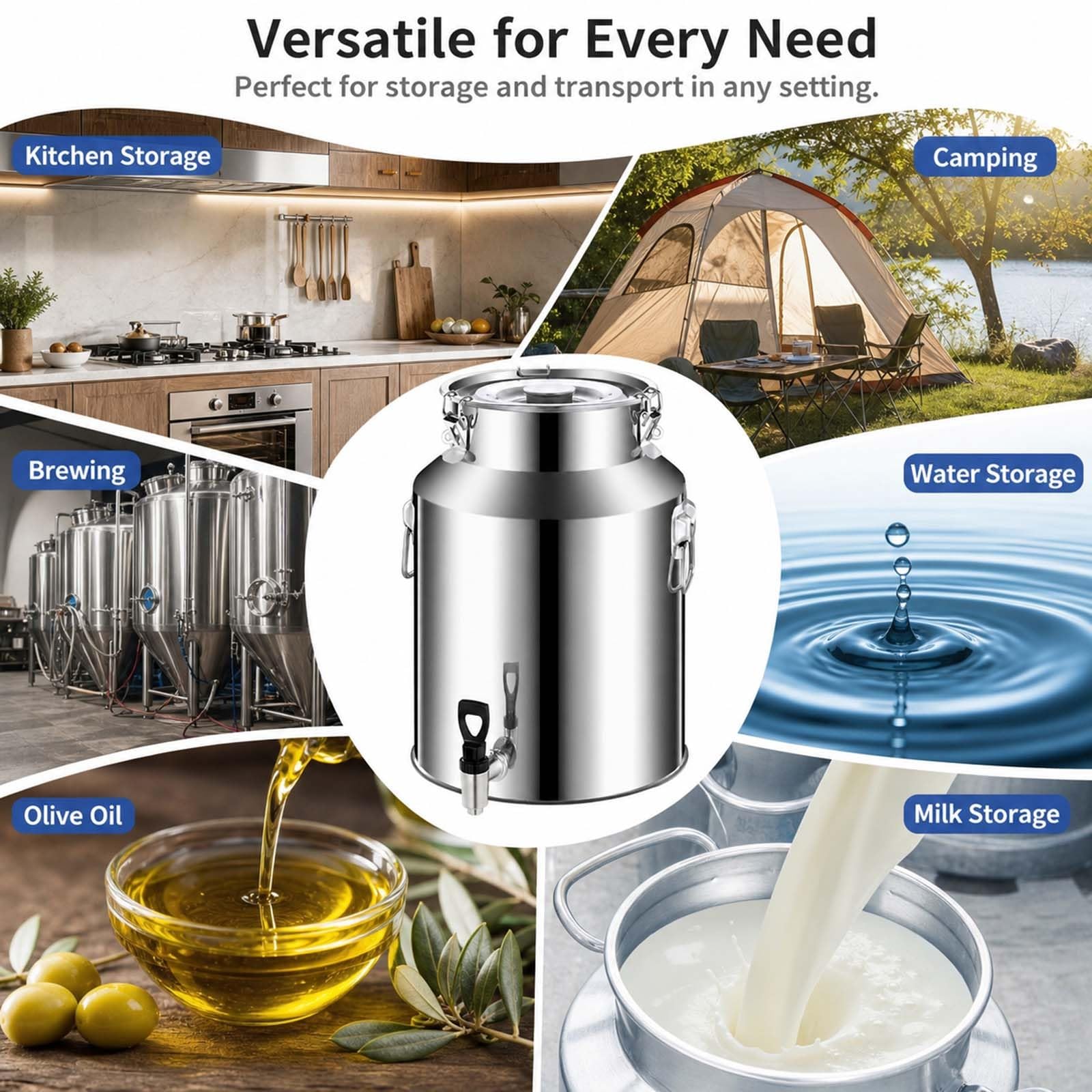 Dispensador de Bebidas Independiente de Acero Inoxidable 304, 5L-88L Cubo Dispensador de Agua con Tapa Hermética y Grifo, Cántaro de Leche Antifugas para Jugo Vino Agua