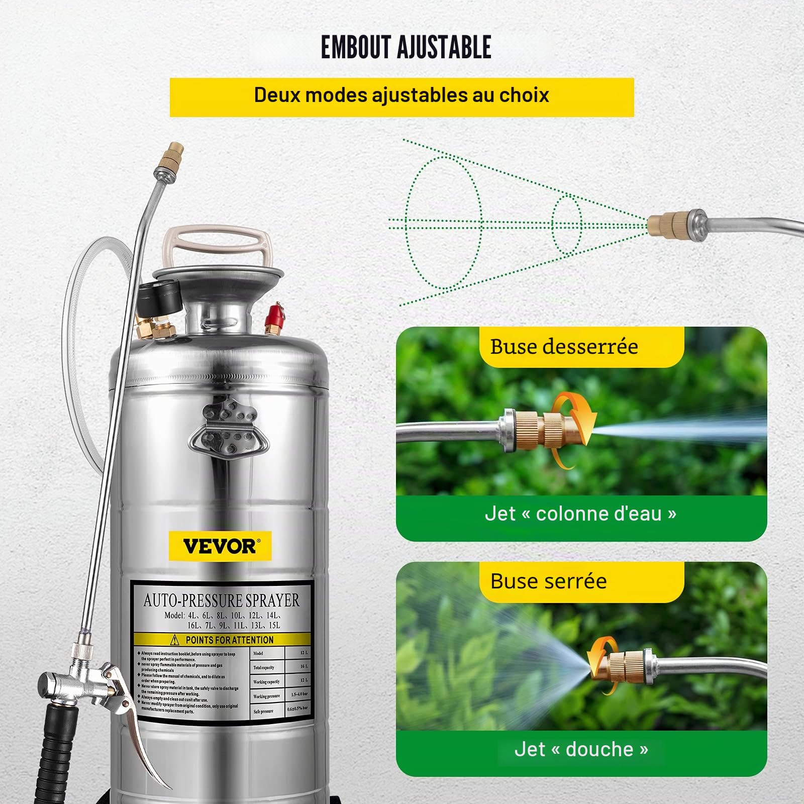 VEVOR Pulvérisateur 12L en Acier Inoxydable, pulvérisateur Manuel à Pompe, pulvérisateur de Jardin renforcé à Pression de 3,3 Pouces, pulvérisateur pour Jardinage Domestique et Nettoyage du Sol