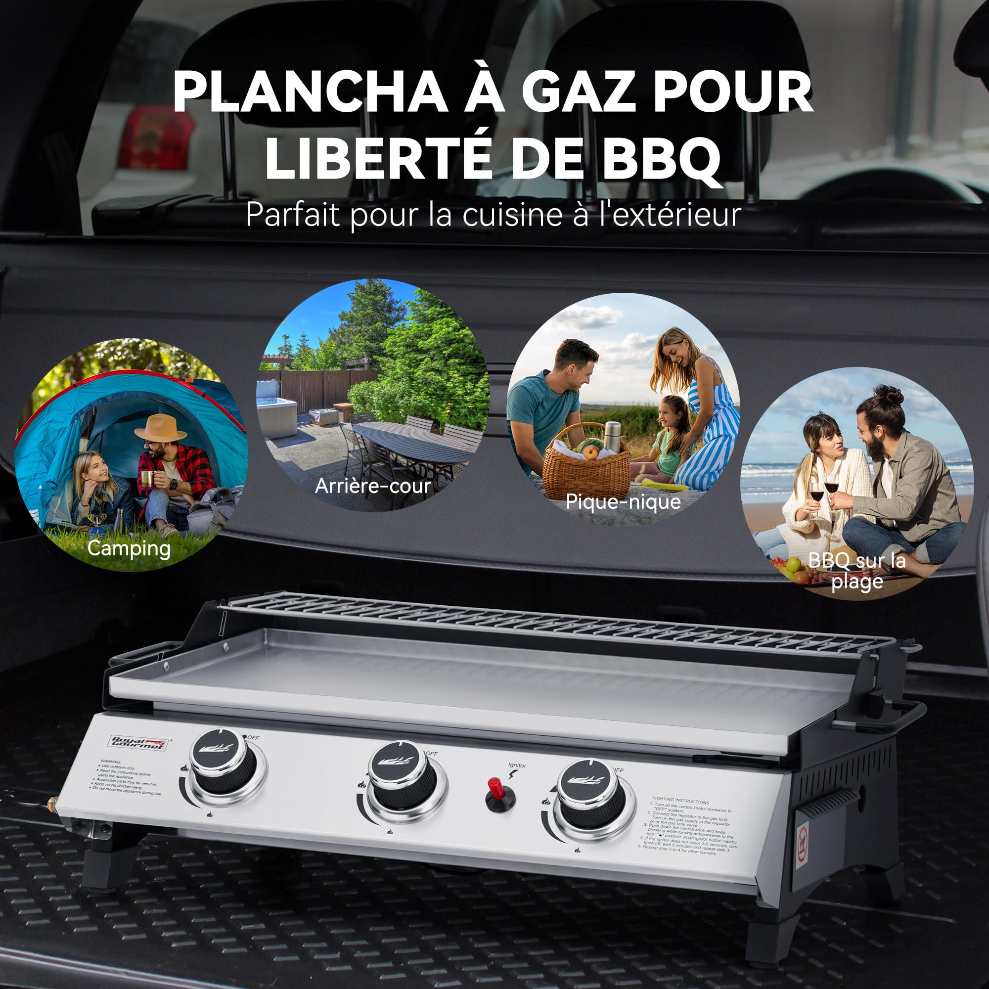 Royal Gourmet Plancha Gaz Propane en Acier Inoxydable, 3 Brûleurs Puissance 7.5kW, Surface Cuisson 61,5 x 32cm avec Grille de Réchauffage, Adapté pour Le Camping et l' Extérieur, Argent