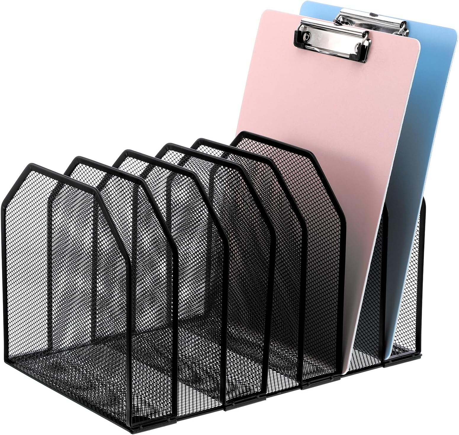 Metal Mesh File Organizer, Adjustable 7 Section Vertical Desk File Holder, Black Office Heavy-Duty Document Sorter for Books Binders, Laptops