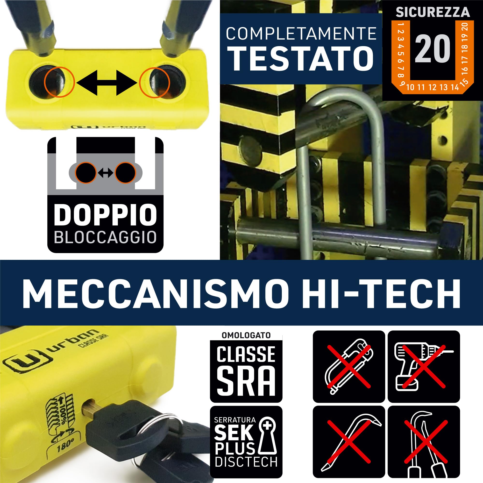 URBAN UR75120 Lucchetto Catena Antifurto Moto Alta Sicurezza Omologato Classe SRA, Mini U Blocca Disco + Catena ø15, 120 cm