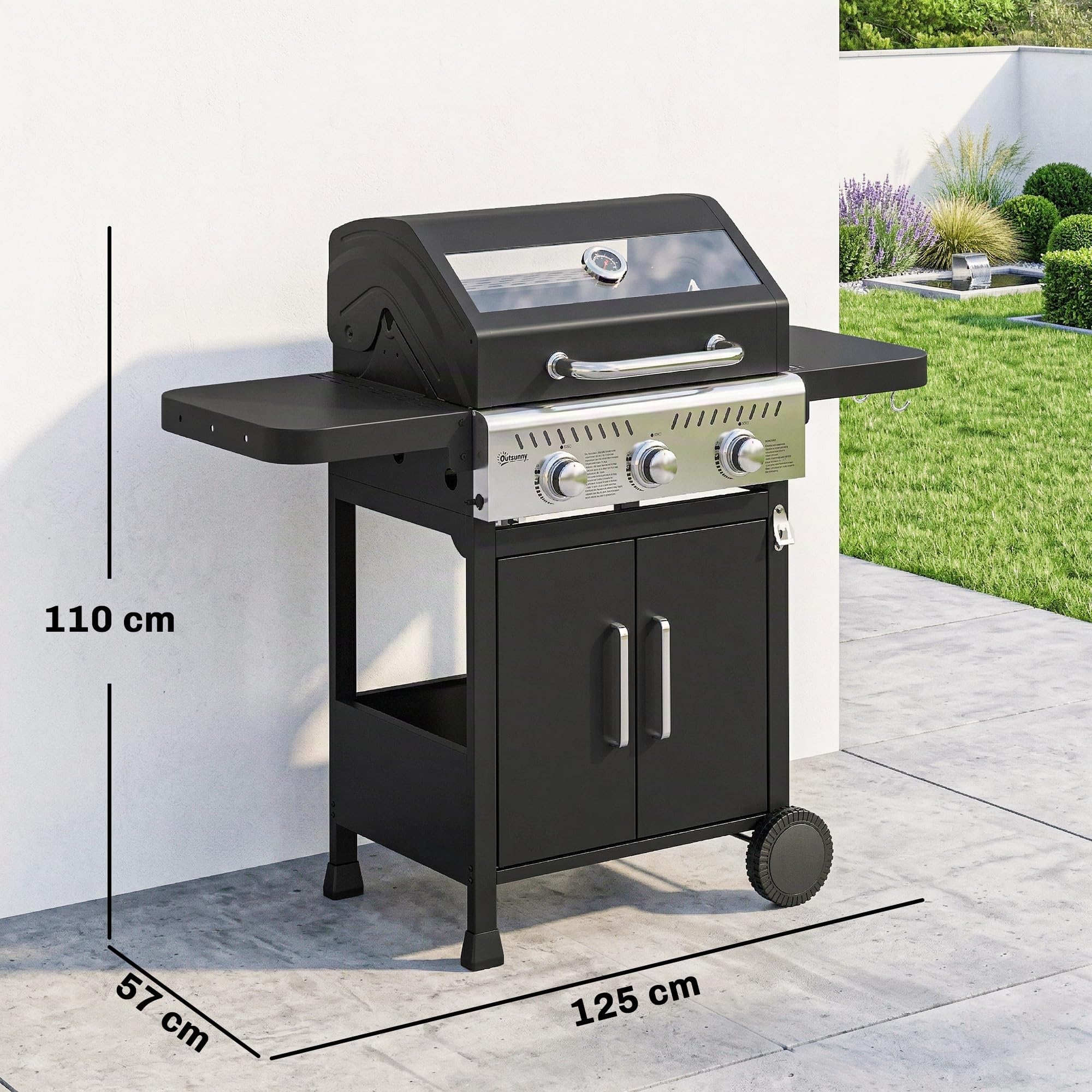 Outsunny Barbacoa de Gas BBQ Gas Portátil 3 Quemadores 7,5 kW Termómetro | Mesas Laterales Plegables, Rejilla Calentadora, Parrilla Plancha, Tapa con Ventana, Recogedor y Recipiente Grasa