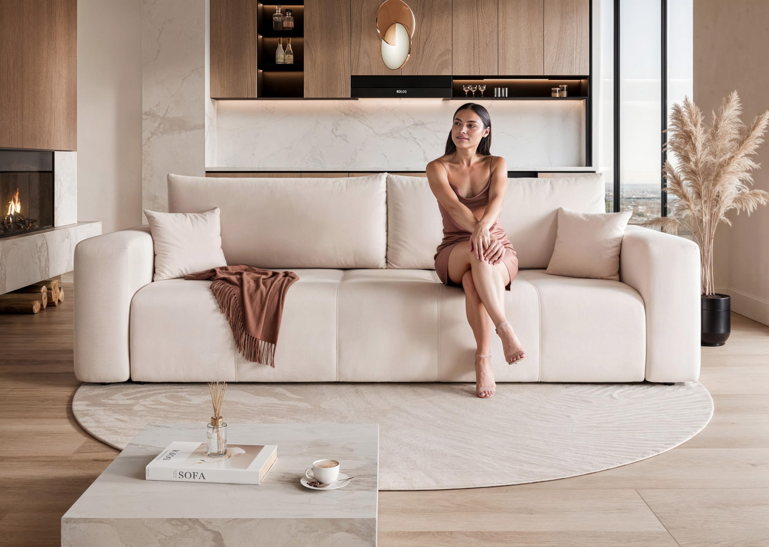 93x244 Sofa mit Schlaffunktion (125x200) und Bettkasten (Massivholz + MDF) mit dekorativen Nähten auf der Sitzfläche
